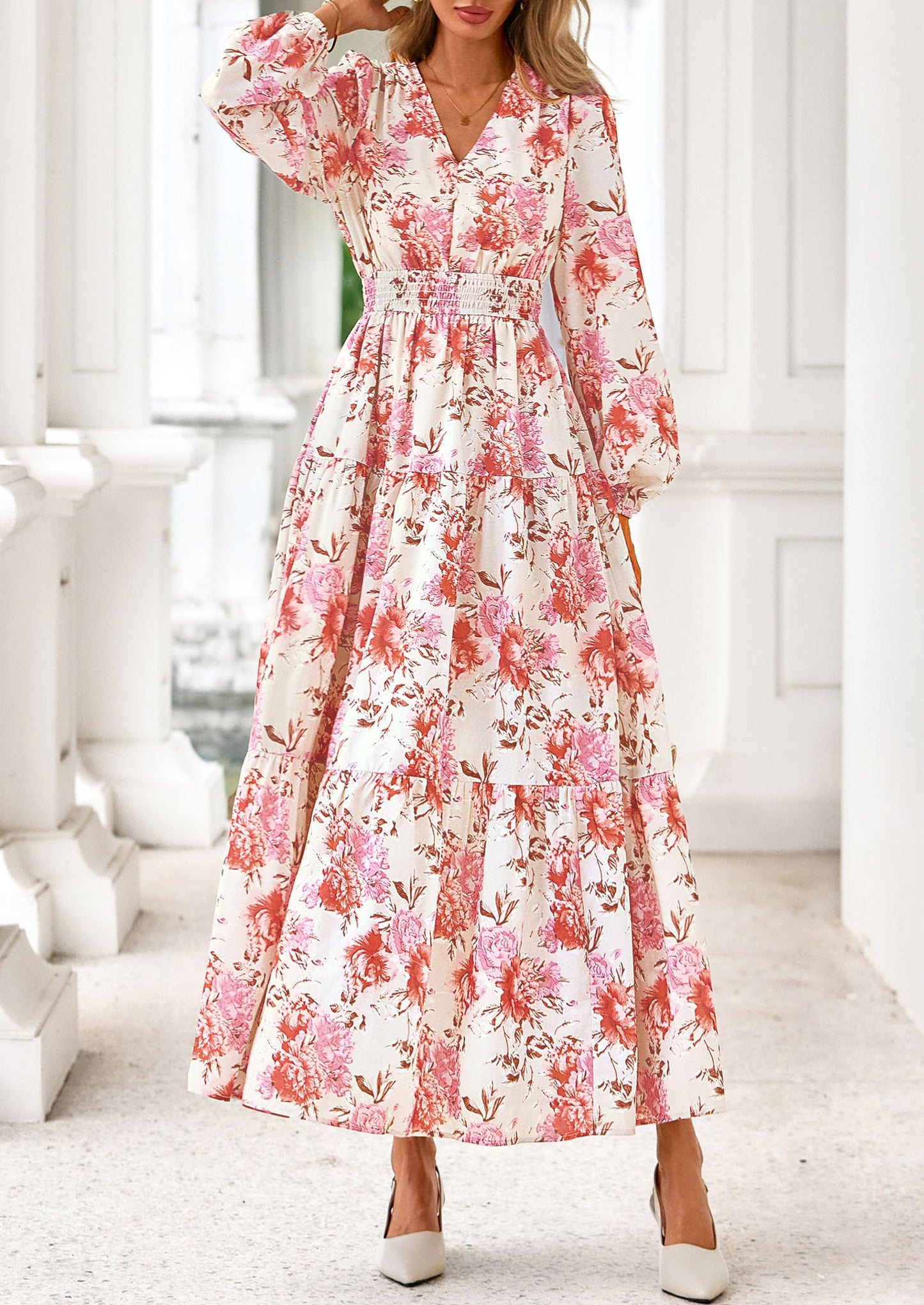 Long Sleeve Maxi Fall Dresses for Women Vneck Smocked Boho Floral Tiered Swing Flowy Wedding Guest Dress