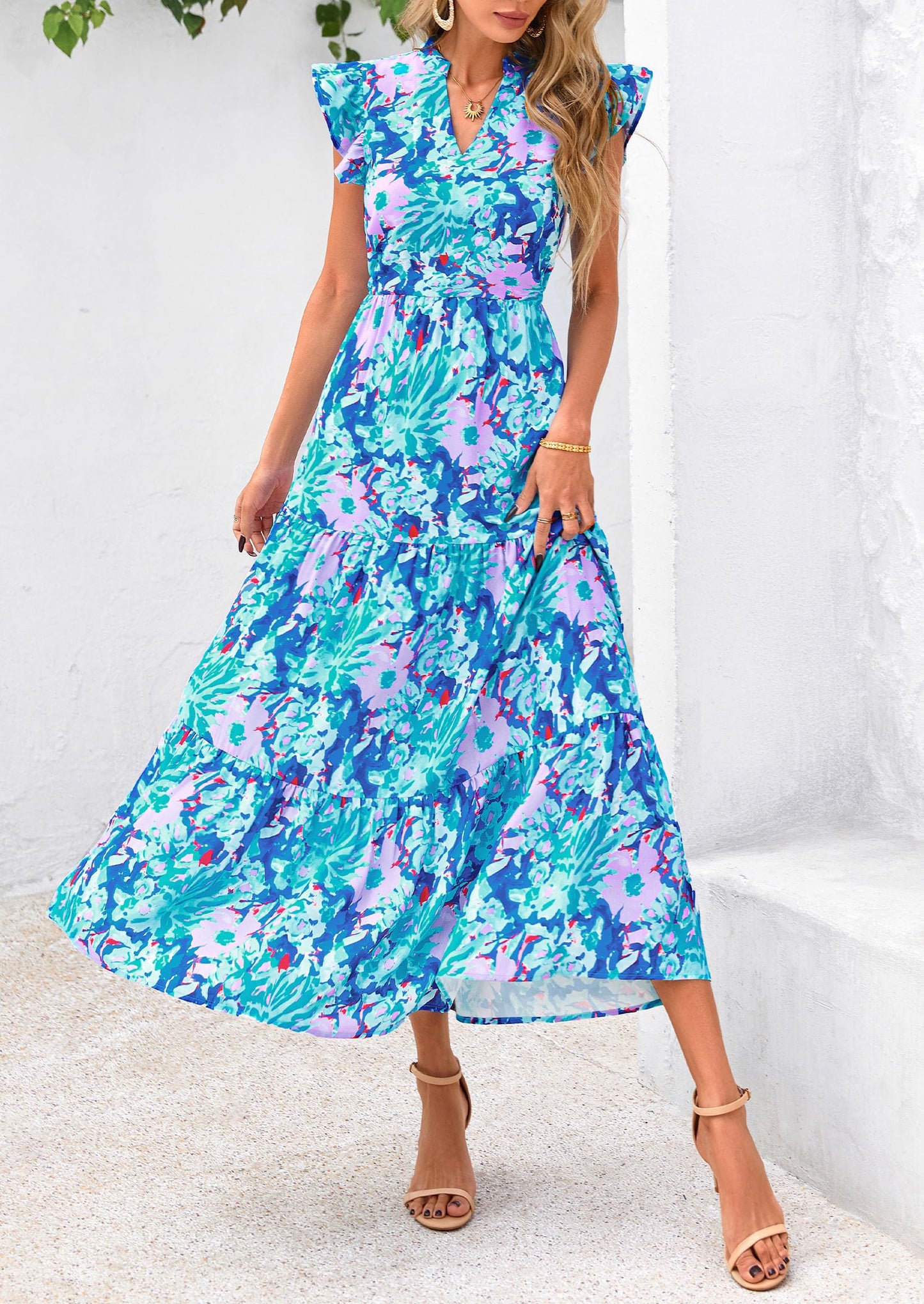 Women's Summer Floral Midi Dress Cap Sleeve V Neck Ruffle Long Flowy Boho Casual Beach Vacation Dresses
