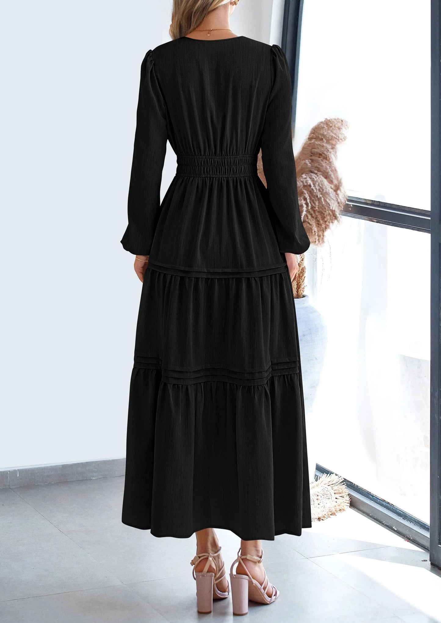 Women's Elegant Maxi Dresses Long Sleeve V Neck Flowy Pockets Casual Modest Dress Fall Fashion Clothes