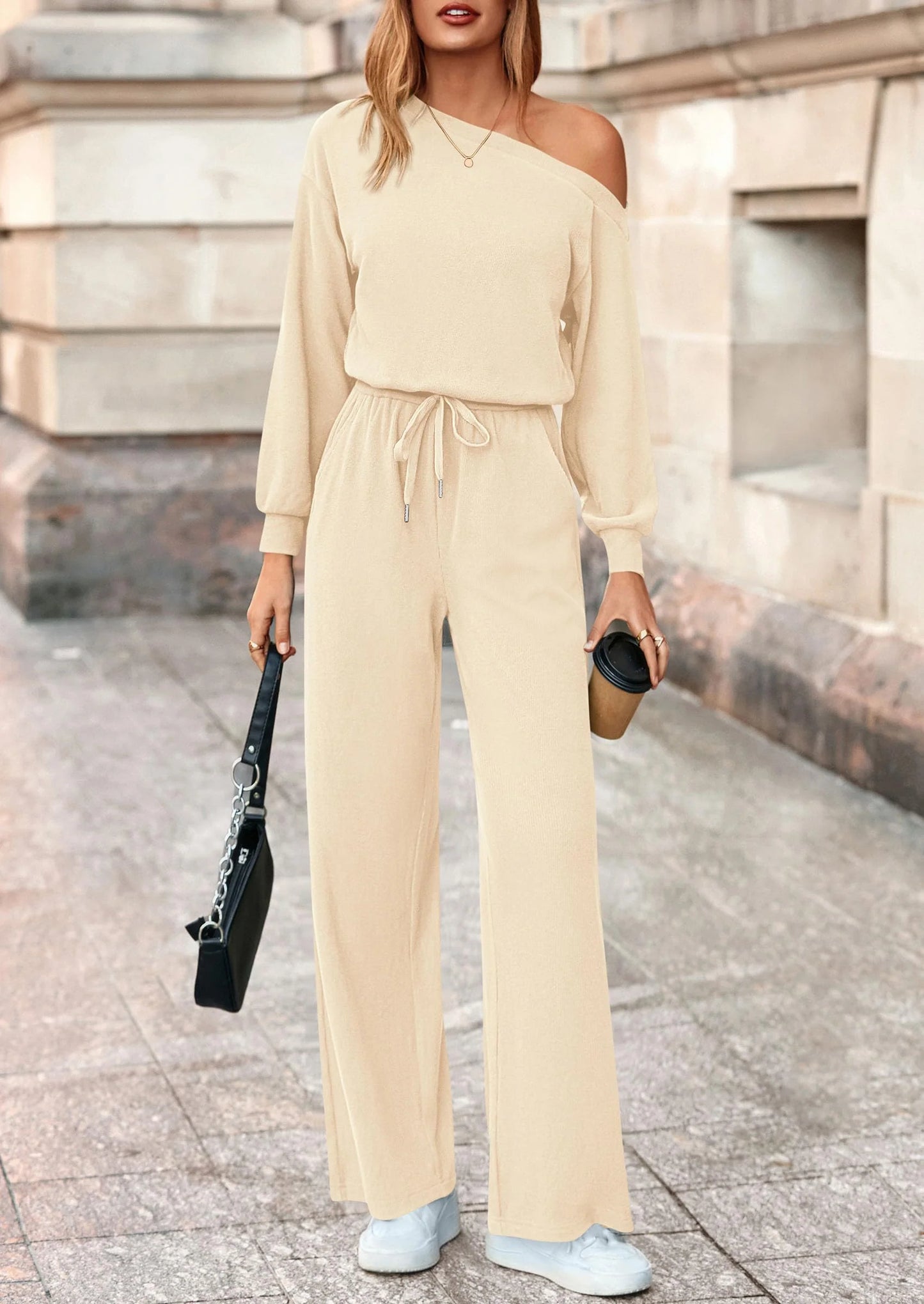 Long Sleeve Jumpsuit For Women Dressy Off Shoulder One Piece Loose Wide Leg Jumpsuits Casual Flowy Romper