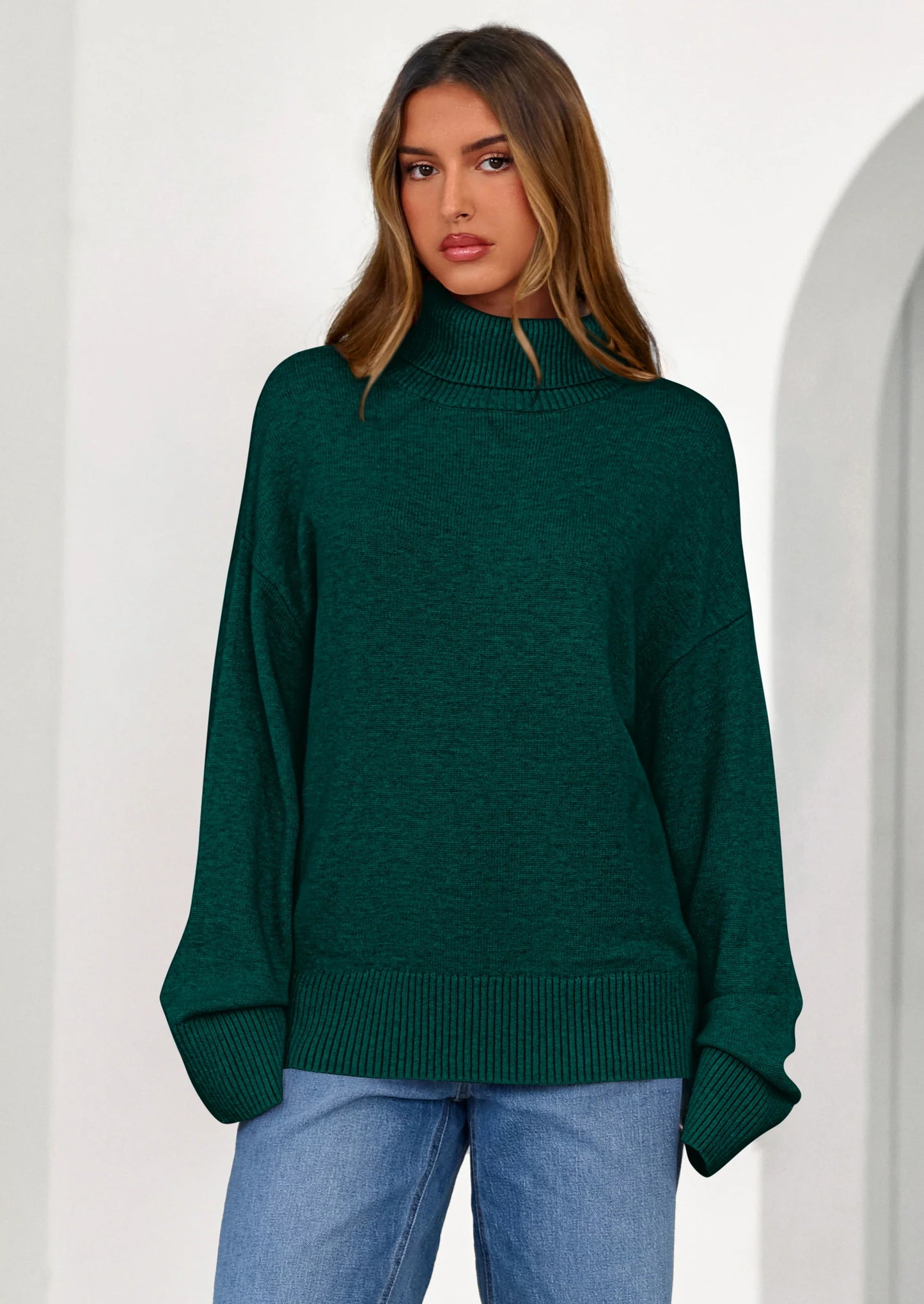 Womens Turtleneck Long Sleeve Sweater Fall Trendy Loose Fit Casual Tops Chunky Knit Pullover Sweaters