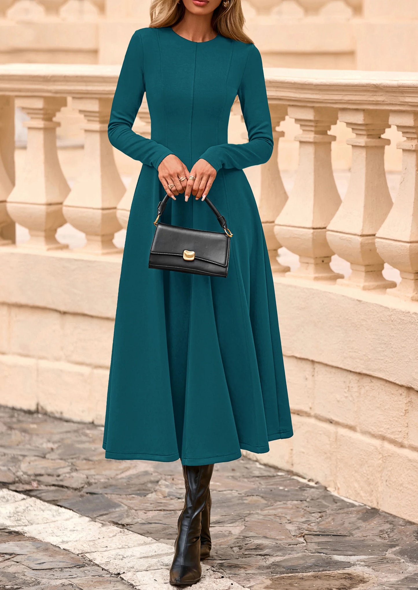 Women's Fall Long Sleeve Midi Dress Casual Elegant Ruffle Flowy A Line Swing Cocktail Party Dresses