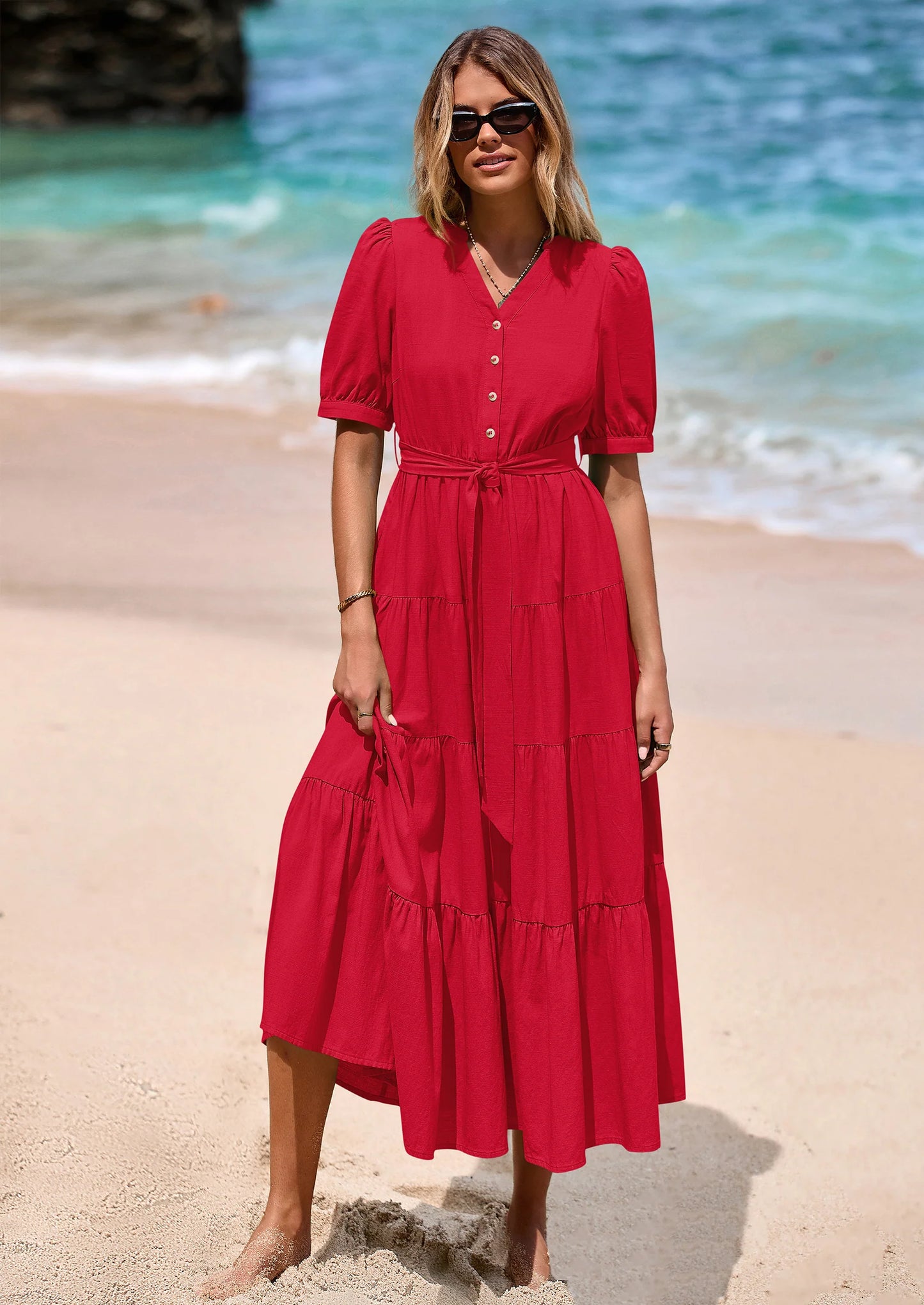 Women's Midi Dress Casual Short Sleeve V Neck Buttons Belted Ruffle A Line Flowy Dress with Pockets
