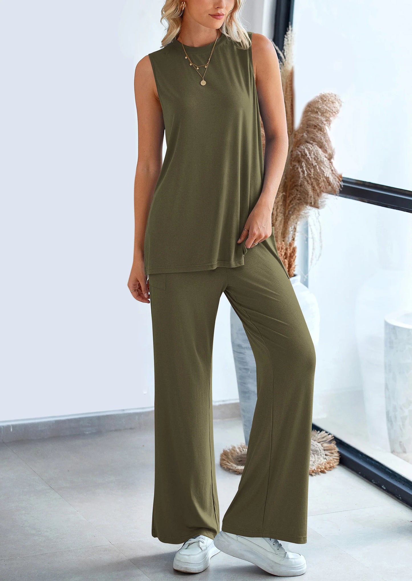 2 Piece Set Loose Tank Top Wide Leg Pants Casual Matching Outfits Tracksuit