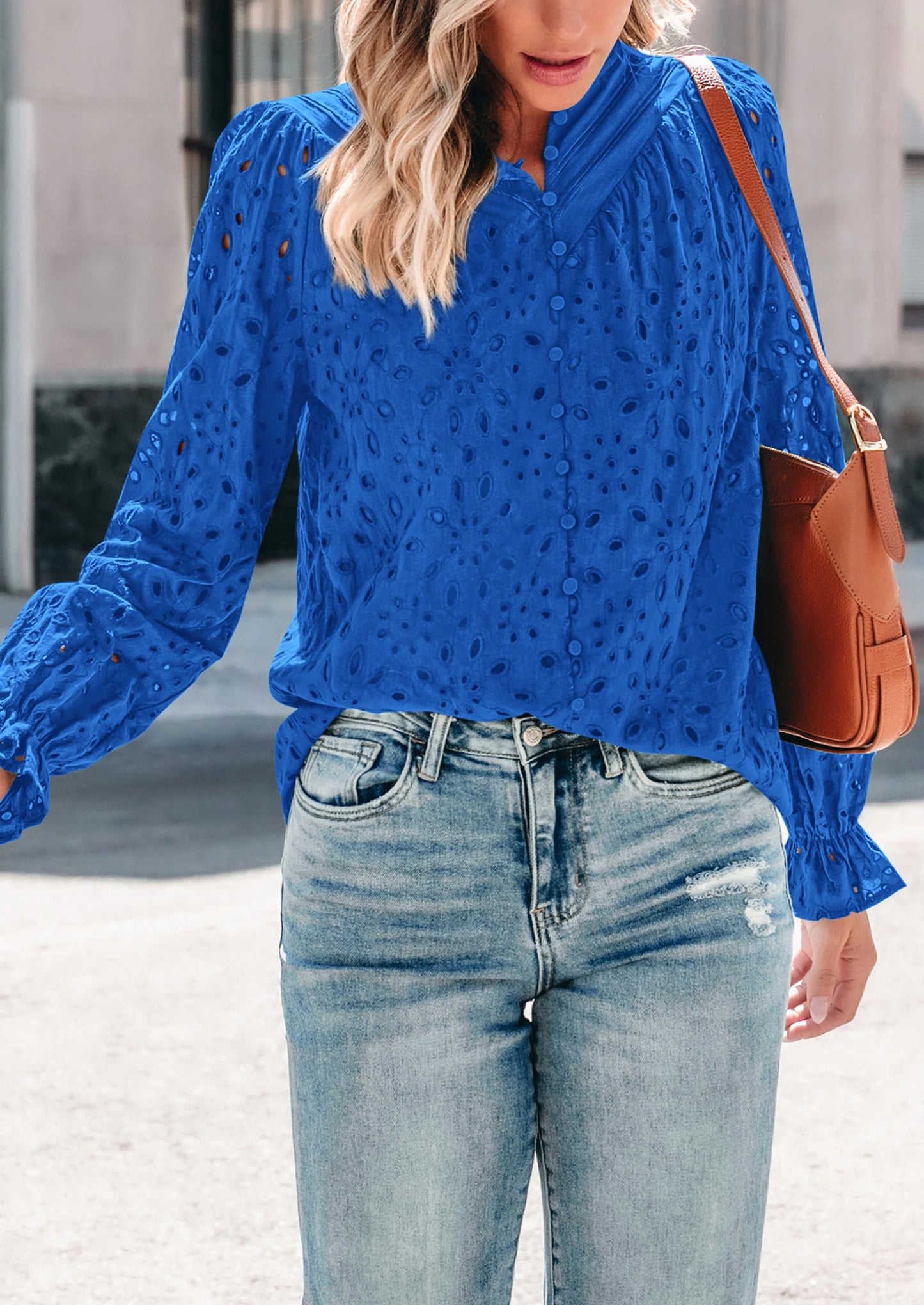 Women's Dressy Casual Blouse Tops Fall Spring Puff Long Sleeve Button V Neck Hollow Out Lace Embroidered Shirts