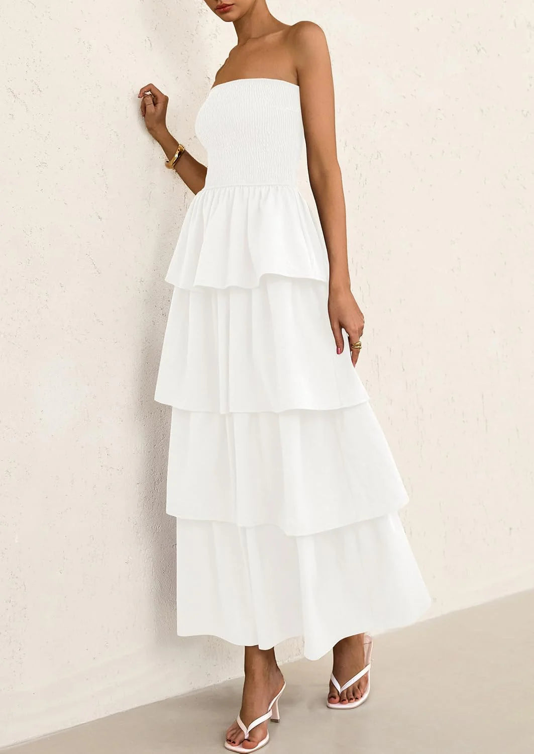 Maxi Dresses for Women Off Shoulder Smocked Tiered Ruffle Long Flowy Wedding Guest Dress