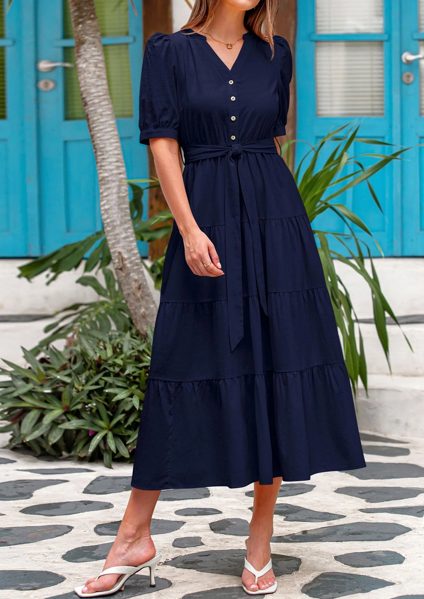 Women's Midi Dress Casual Short Sleeve V Neck Buttons Belted Ruffle A Line Flowy Dress with Pockets
