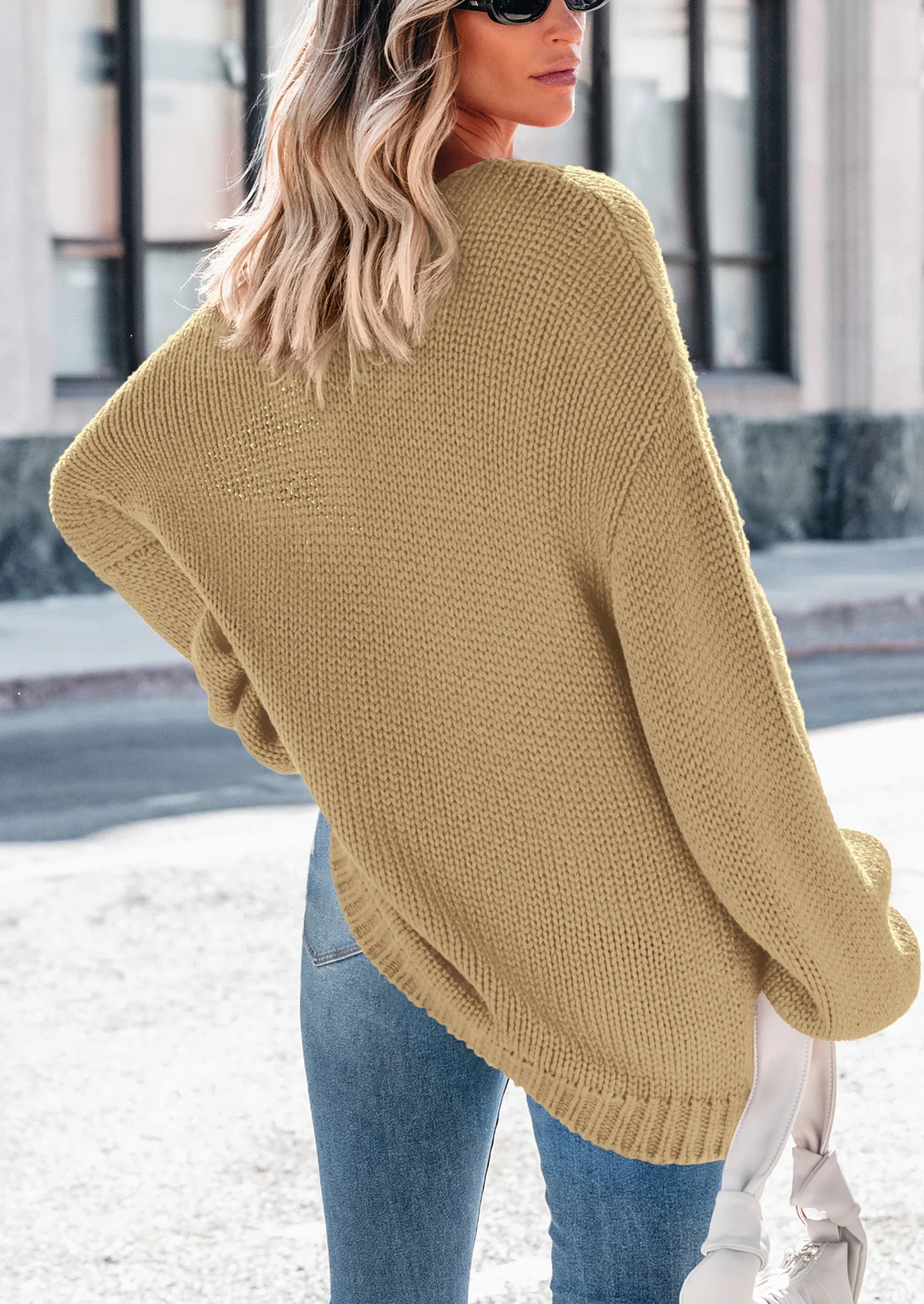 Women's Fall Oversized Sweaters Long Sleeve V Neck Dressy Casual Chunky Knit Loose Pullover Tops Winter Clothing