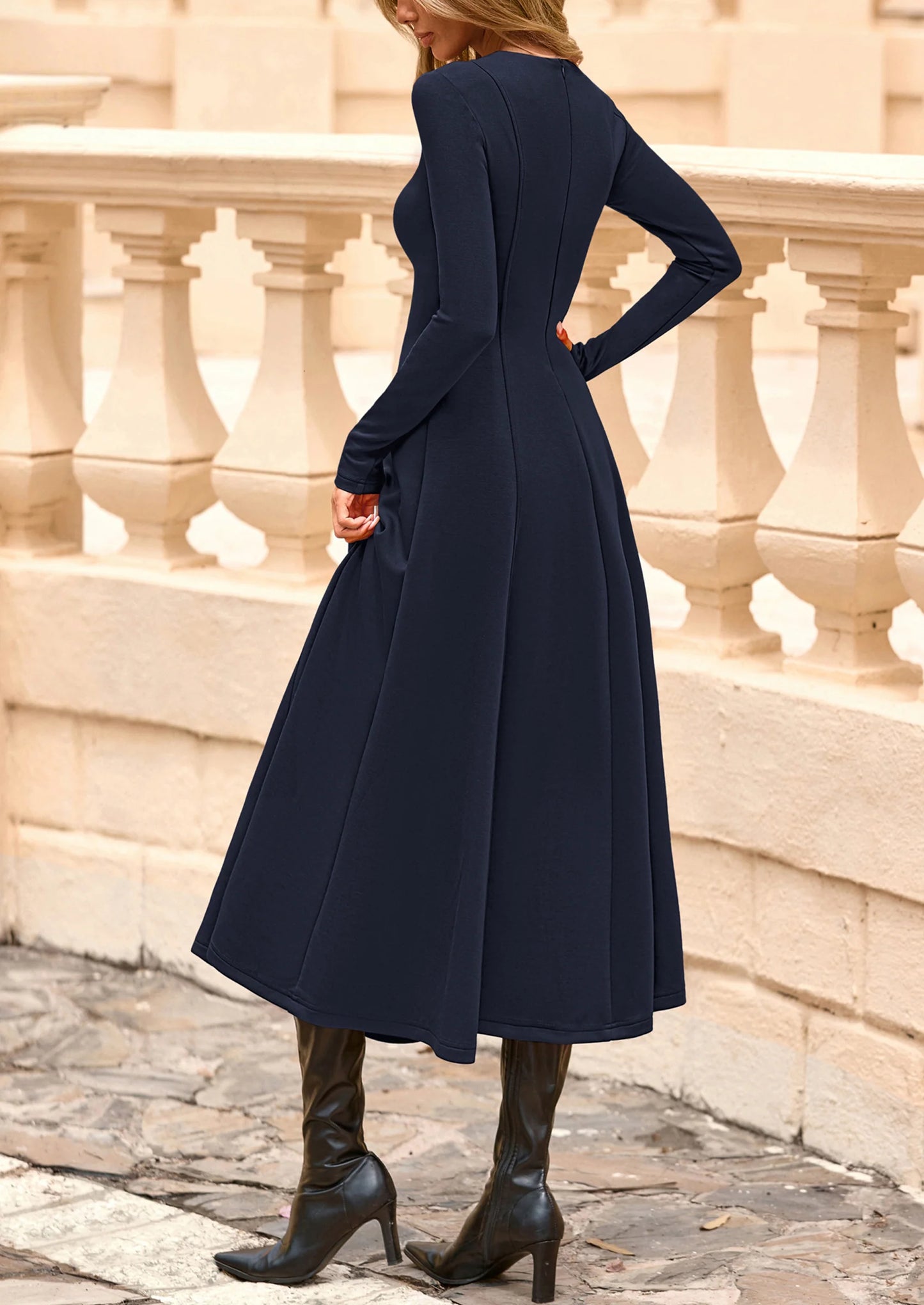 Women's Fall Long Sleeve Midi Dress Casual Elegant Ruffle Flowy A Line Swing Cocktail Party Dresses