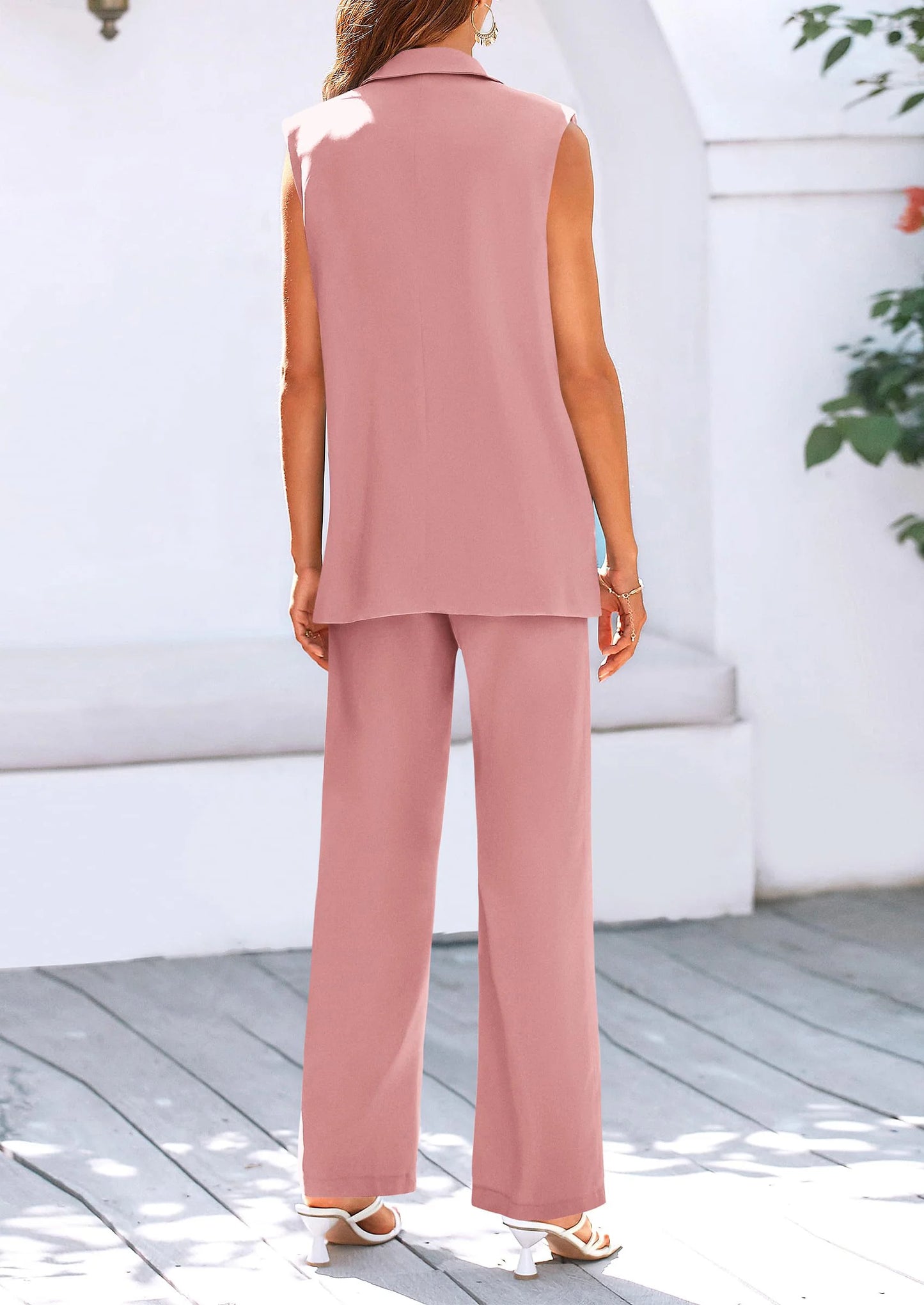 Women's 2 Piece Outfits Sleeveless Suit Vest and Wide Leg Pants Business Casual Blazer Sets