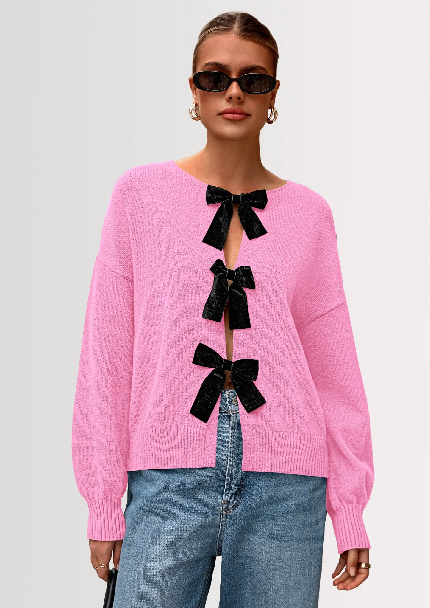 Cardigan Sweaters for Women Fall Bow Tie Front Long Sleeve Knit Sweater Tops Cute Going Out Outfits