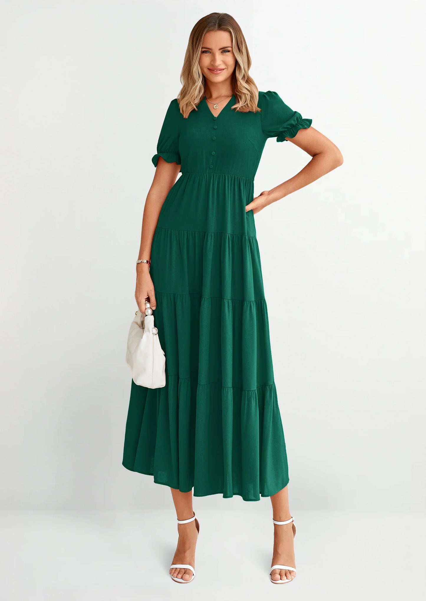 Women's Casual Short Sleeve V Neck Midi Dresses Spring A-line Tiered Wedding Guest Dress