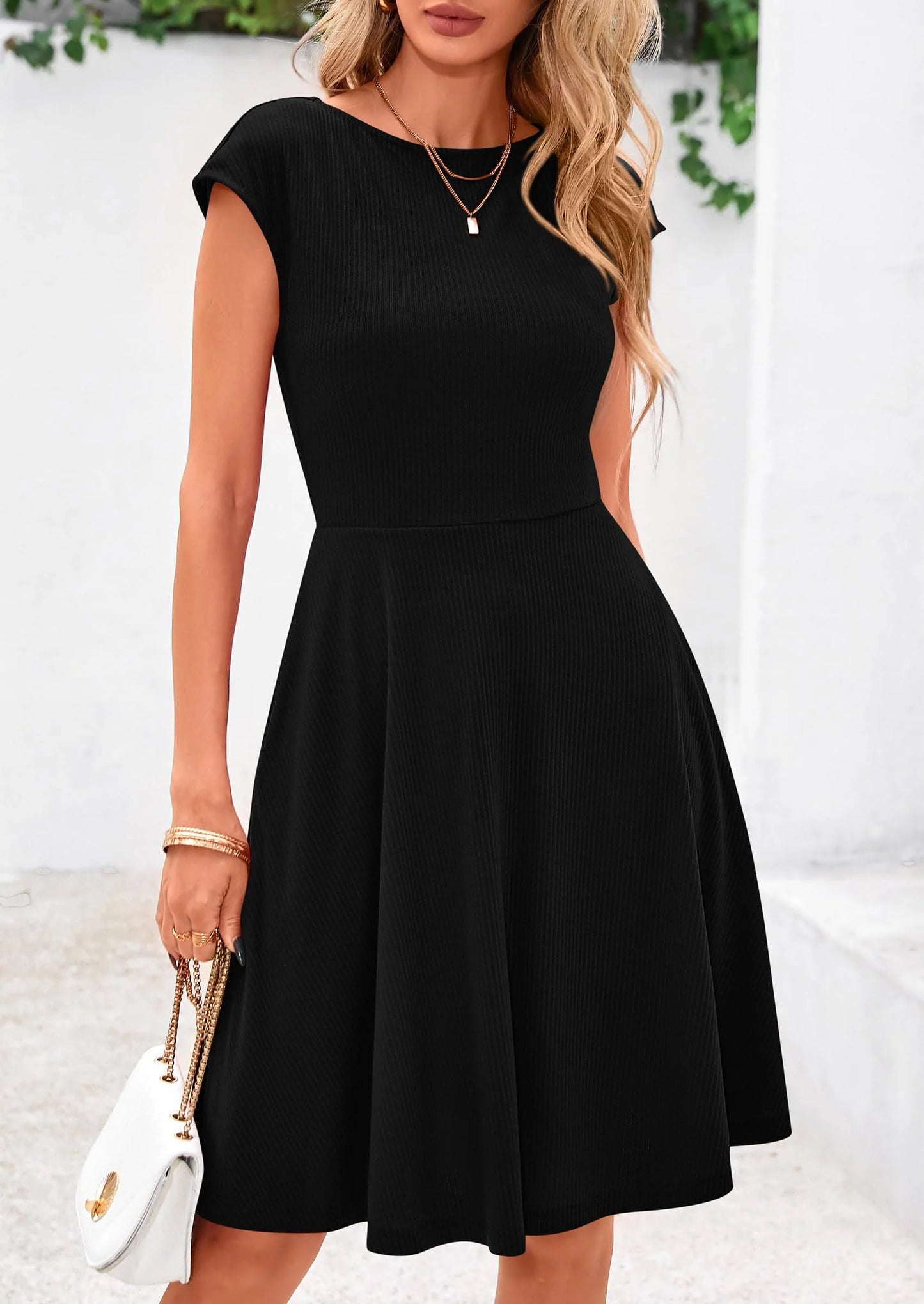 Womens Short Summer Dress Crewneck Cap Sleeve Ribbed Knit Casual Flowy A Line Mini Sundresses with Pockets