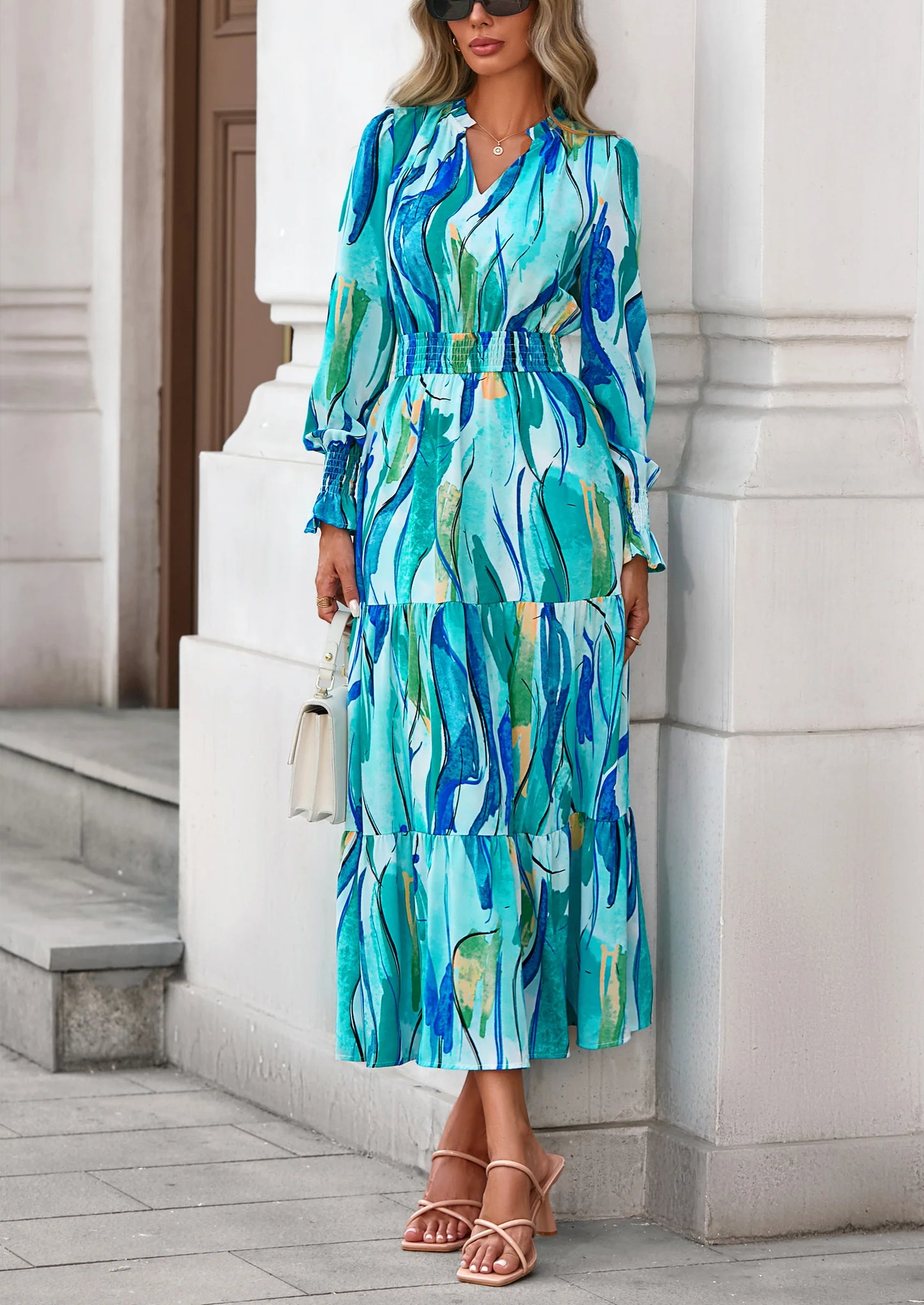 Women's Floral Maxi Dress Spring Long Sleeve V Neck Casual A Line Long Flowy Boho Party Dresses