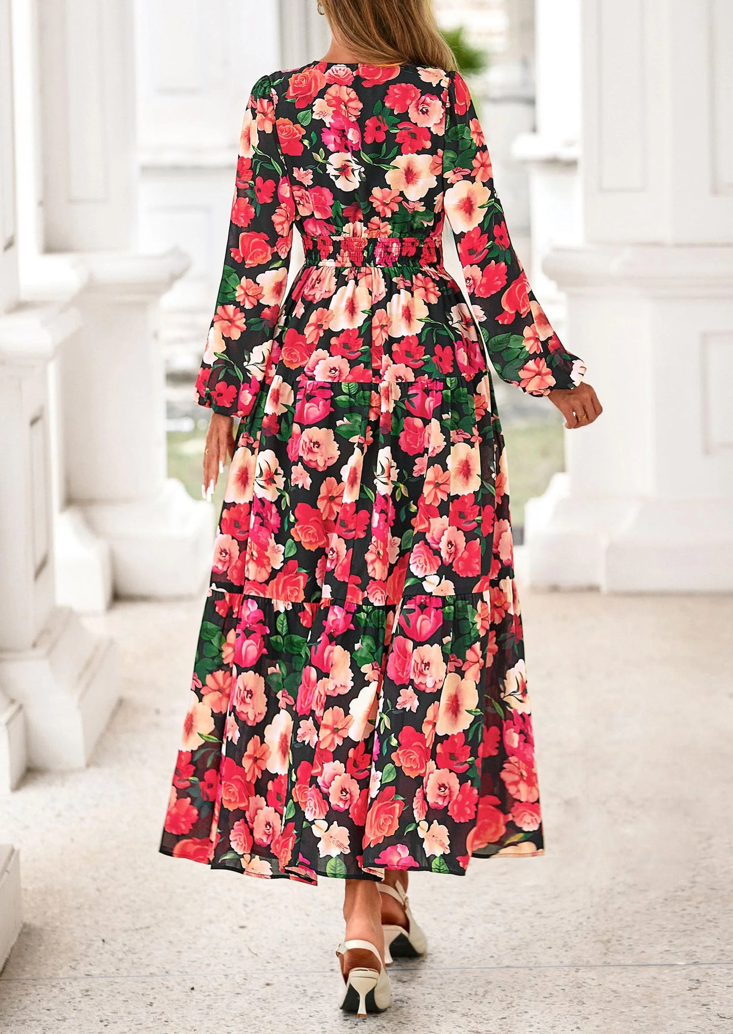 Long Sleeve Maxi Fall Dresses for Women Vneck Smocked Boho Floral Tiered Swing Flowy Wedding Guest Dress