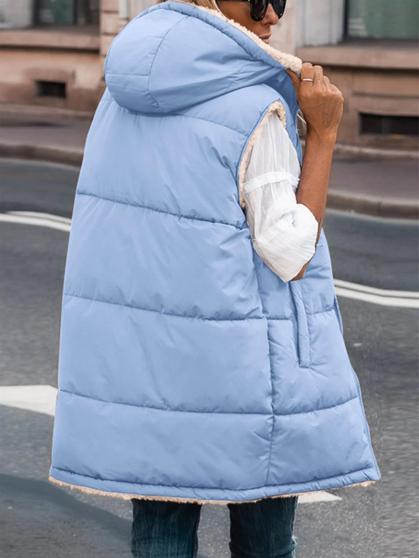 Womens Fall Reversible Vests Sleeveless Fleece Jacket Zip Up Hoodie Pockets Long Warm Winter Coat Outerwear