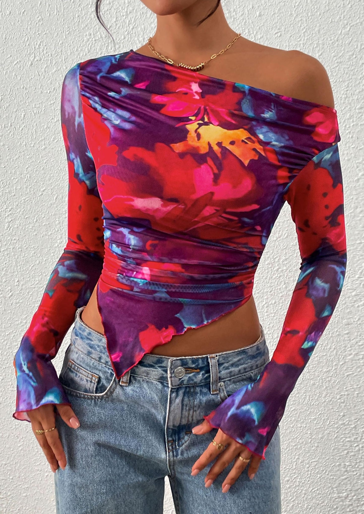 Womens Fall Trendy Off Shoulder Tops Tie Dye Mesh Long Sleeve Shirts Asymmetrical Ruched Floral Blouse
