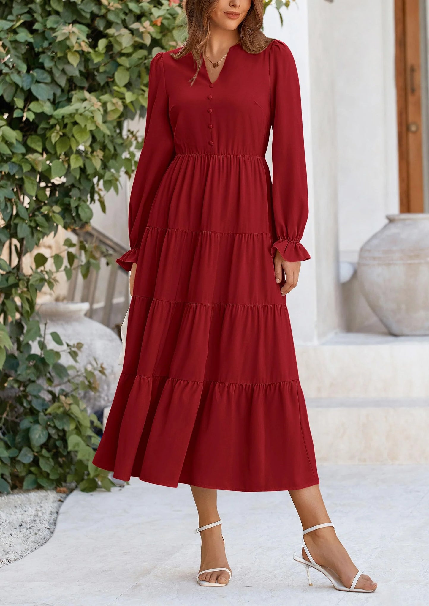 Women Fall Long Sleeve Smocked Maxi Dress Casual Square Neck Swiss Dot Tiered Ruffle Flowy Spring Pocket Dresses