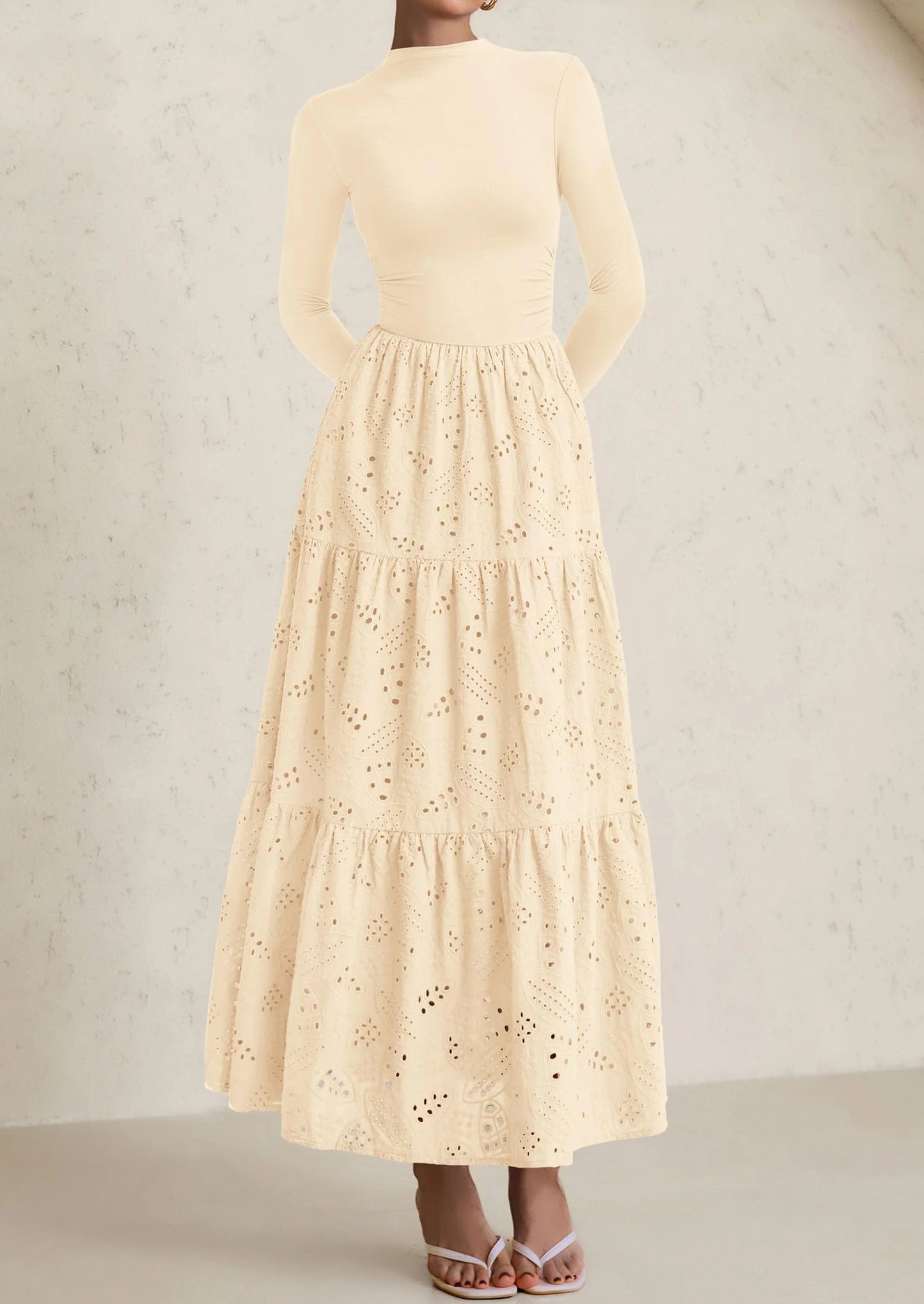 Long Sleeve Dress for Women Fall Eyelet Mock Neck A Line Elegant Classy Maxi Wedding Guest Dresses Pockets