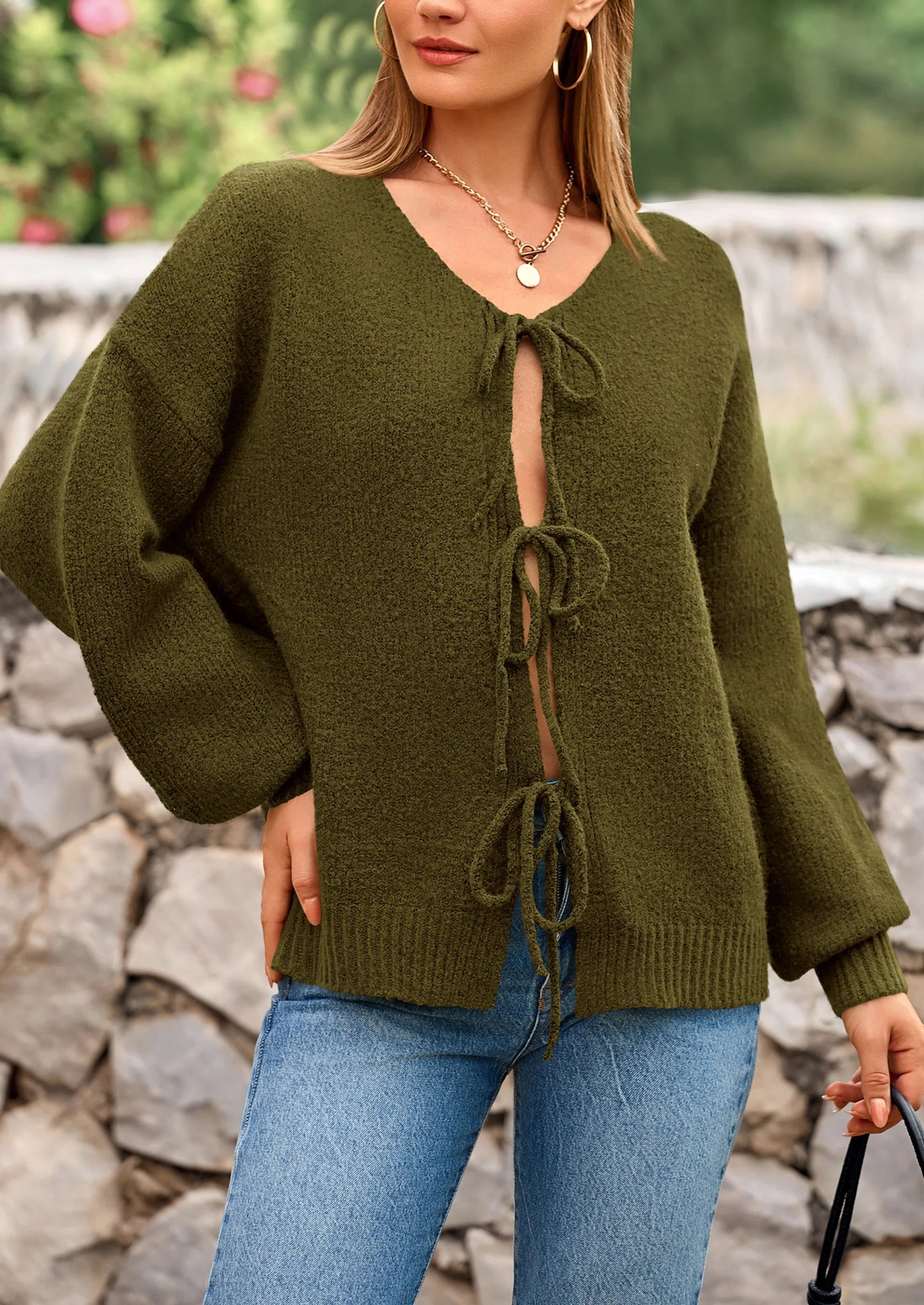 Women's Tie Front Bow Cardigan Sweaters Chunky Knit Long Puff Sleeve Trendy Fall Winter Jacket Coats