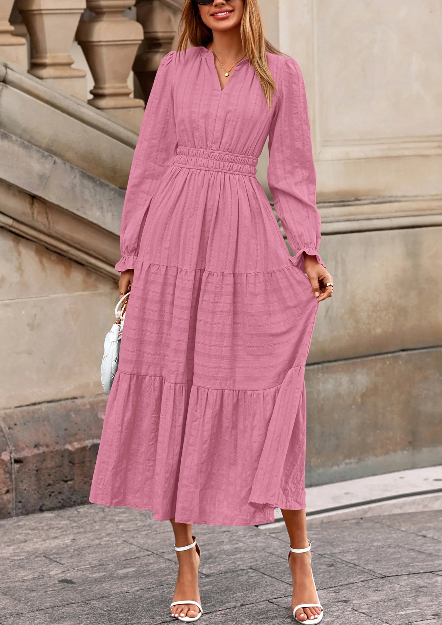 Women's Fall Wedding Guest Dresses Long Sleeve V Neck Flowy Elegant Holiday Party Maxi Dress with Pockets
