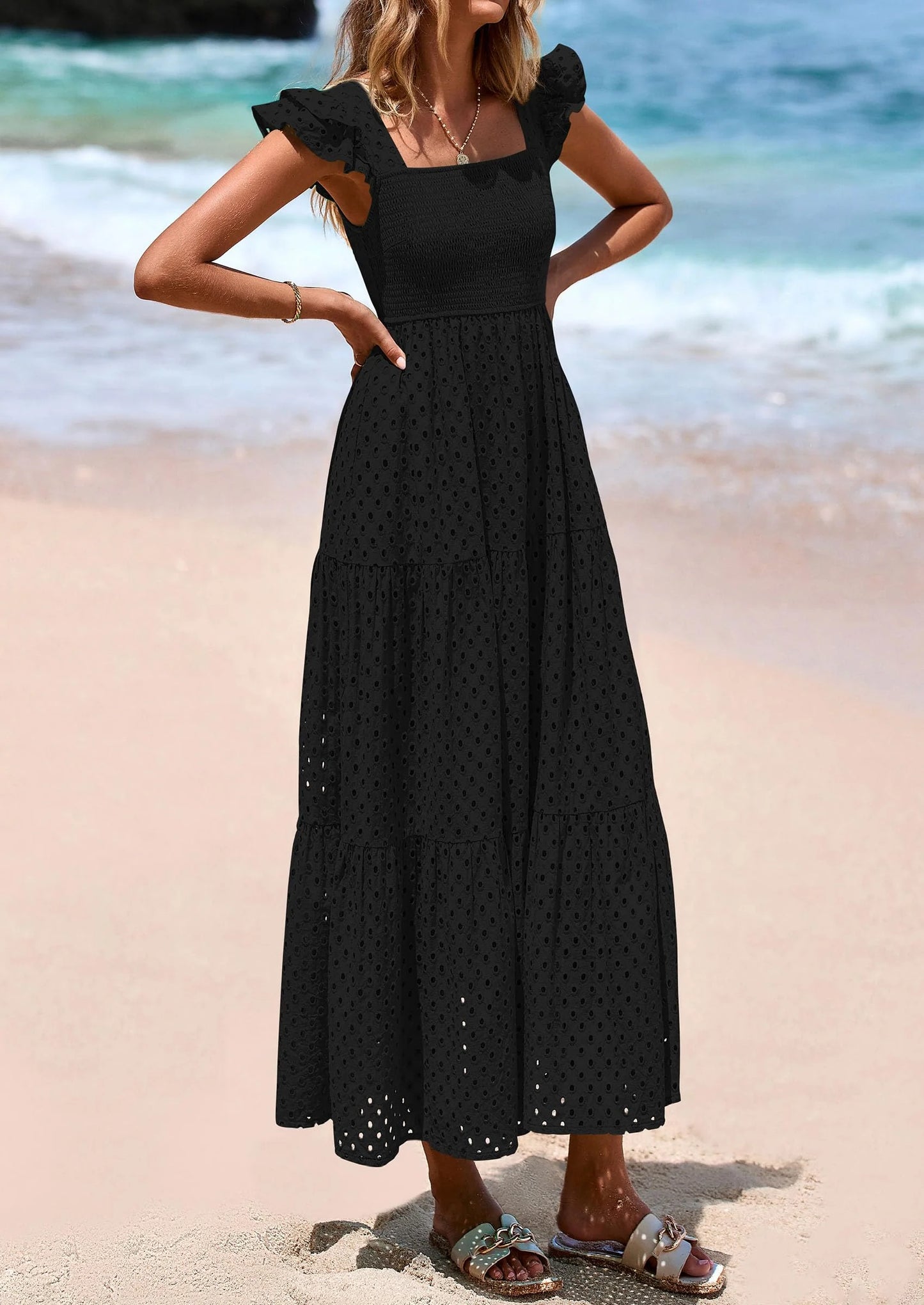 Womens Square Neck Maxi Dresses Cap Sleeve Eyelet Smocked Tiered A Line Flowy Long Dress with Pockets