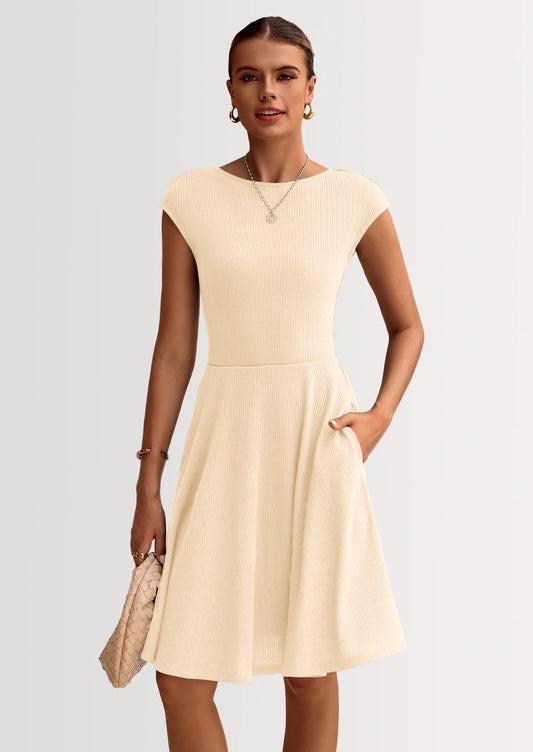 Womens Short Summer Dress Crewneck Cap Sleeve Ribbed Knit Casual Flowy A Line Mini Sundresses with Pockets