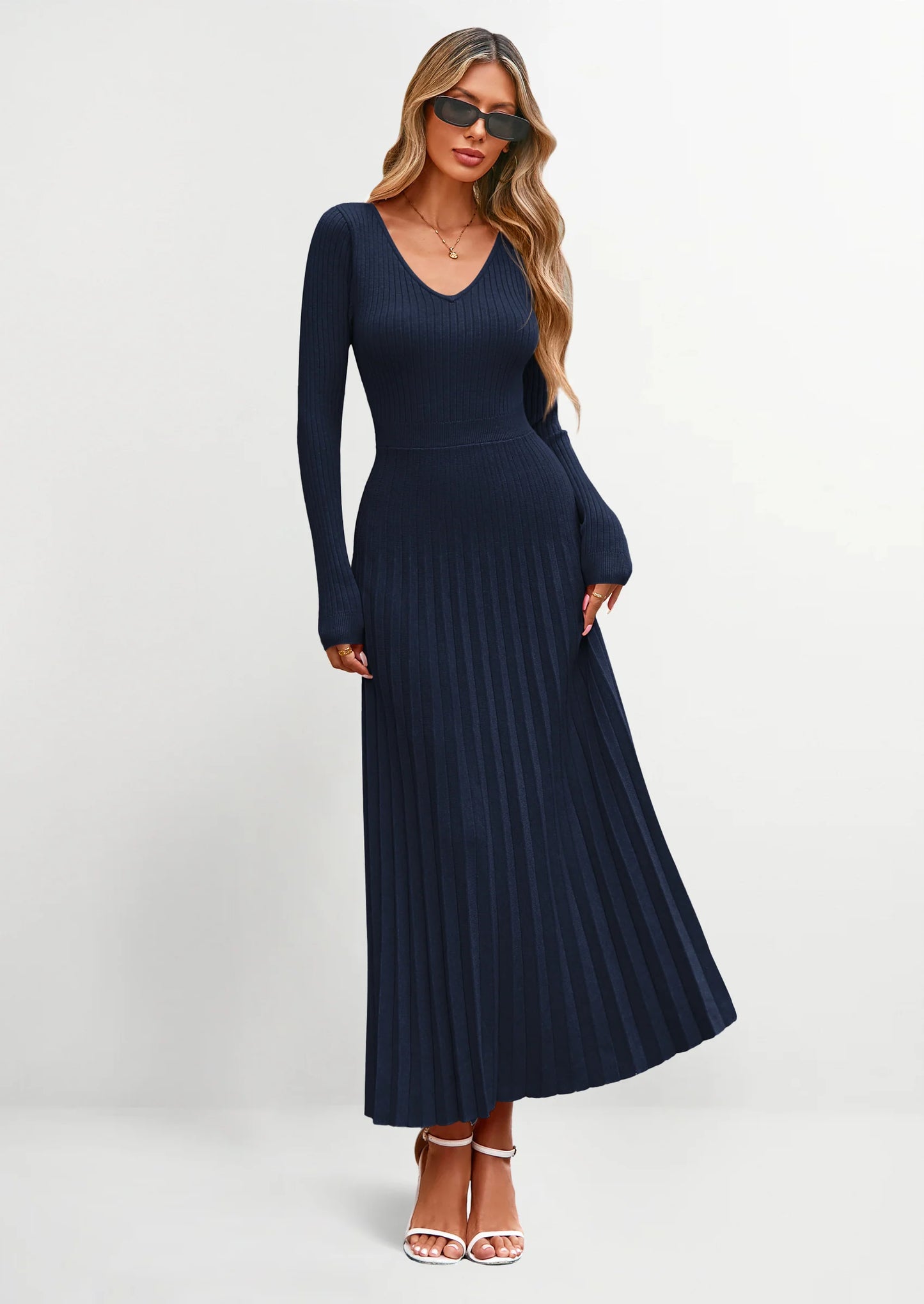 Women Sweater Dress Fall Fashion Long Sleeve V Neck Ribbed Knit Pleated A Line Elegant Maxi Winter Dresses