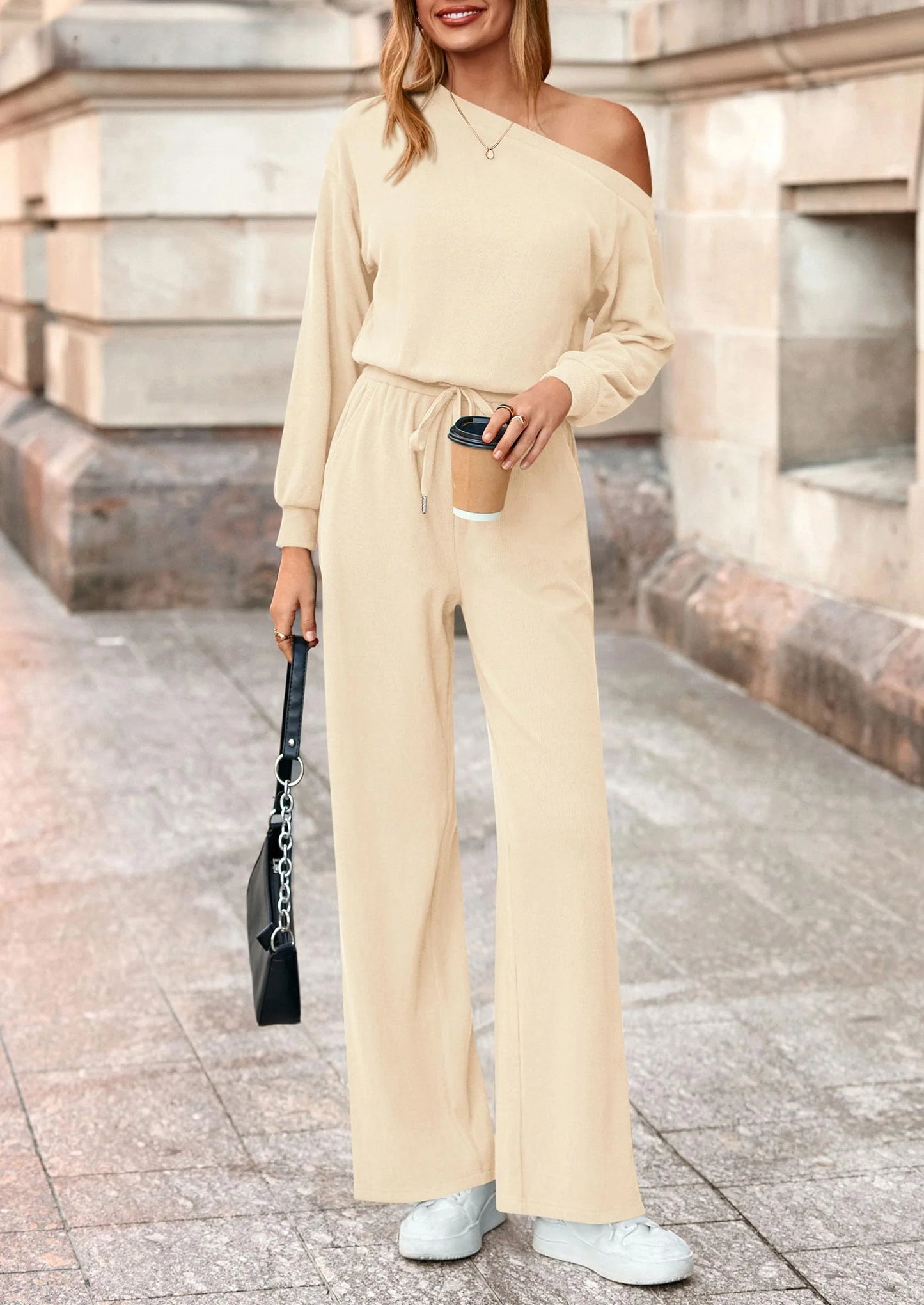 Long Sleeve Jumpsuit For Women Dressy Off Shoulder One Piece Loose Wide Leg Jumpsuits Casual Flowy Romper