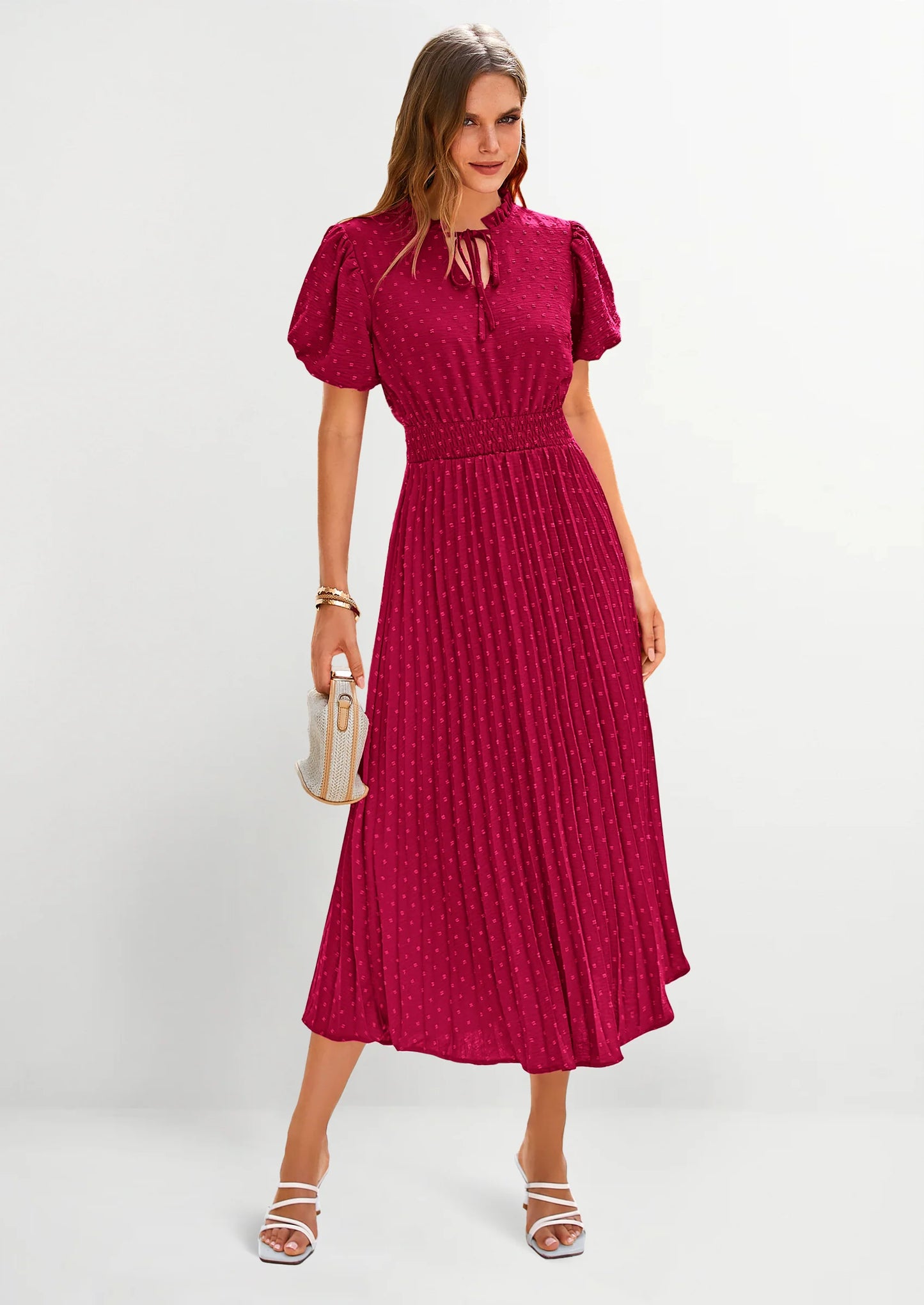 Womens Midi Dresses Puff Short Sleeve V Neck Swiss Dot Pleated A Line Flowy Long Wedding Guest Dress