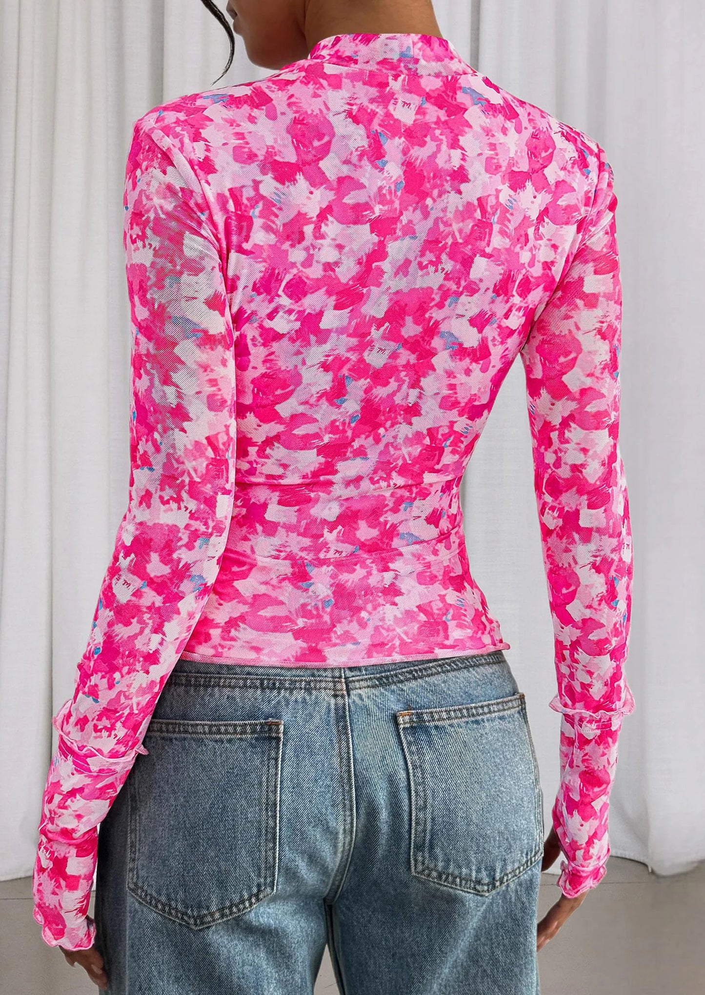 Womens Fall Mesh Floral Blouses Long Sleeve Going Out Tops Slim Fitted Shirts Date Night Outfits