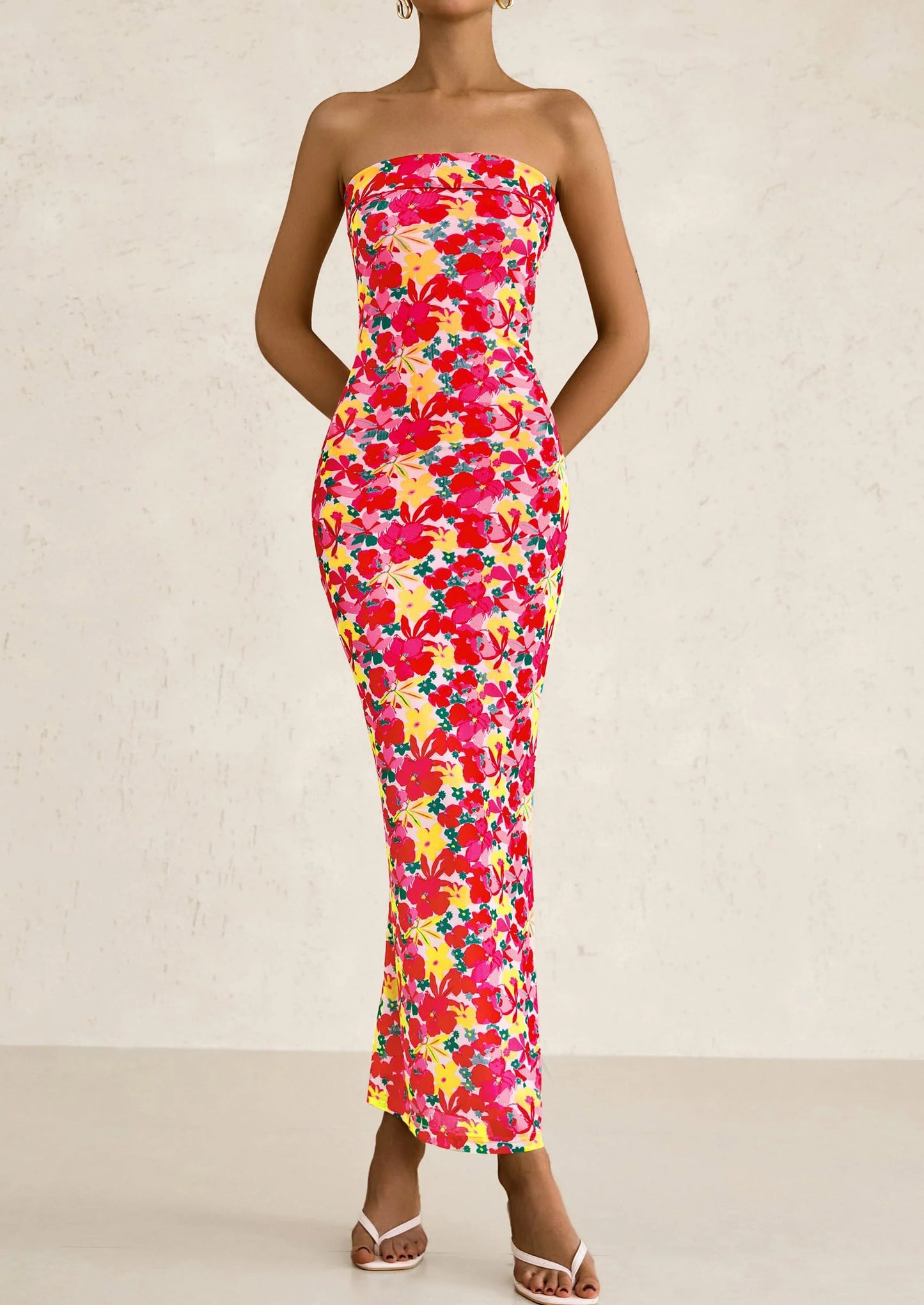 Womens Printed Tube Maxi Dress Strapless Bodycon Sleeveless Night Out Long Dresses
