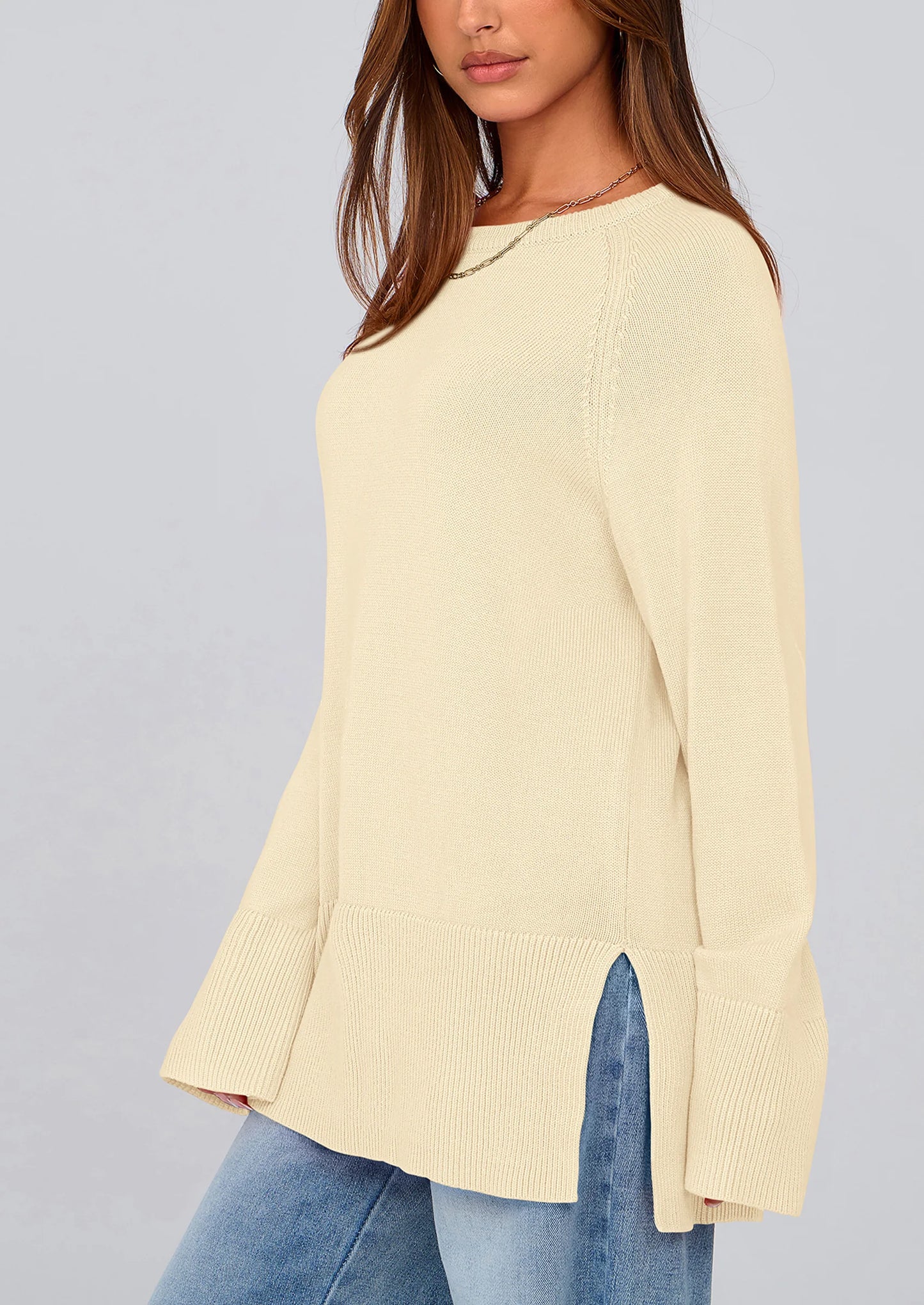 Women's Knit Fall Sweaters Long Sleeve Pullover Crewneck Split Hem Oversized Tunic Sweater Tops Winter Clothing