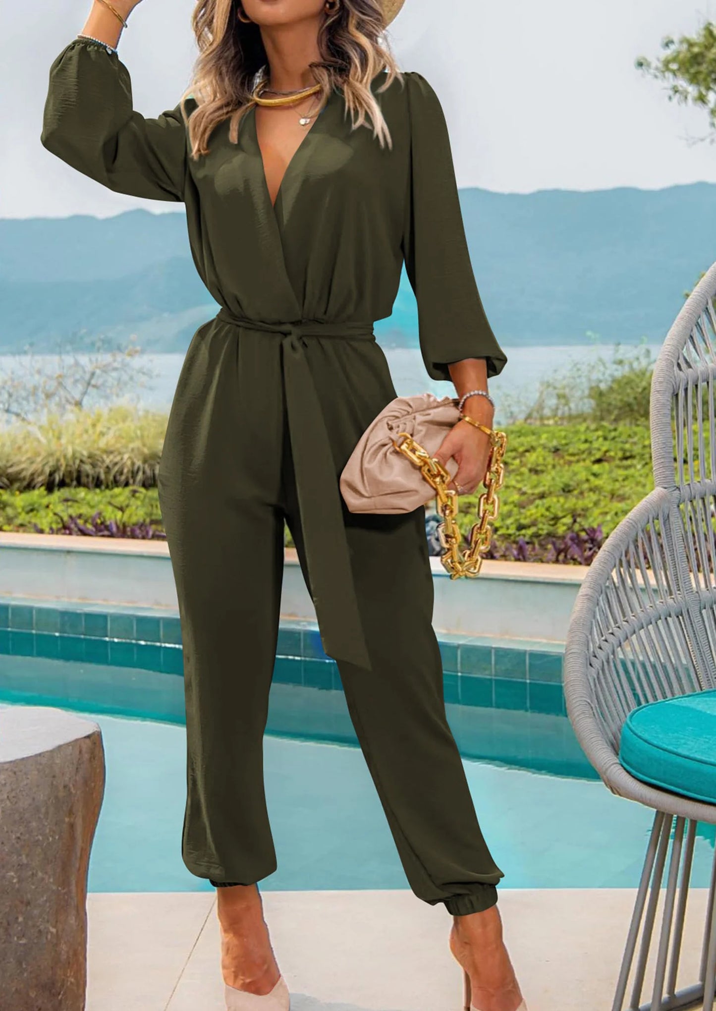 Women's Fall Jumpsuits Dressy Casual Pants Romper Spring Long Sleeve V Neck Belt Pockets One Piece Outfits