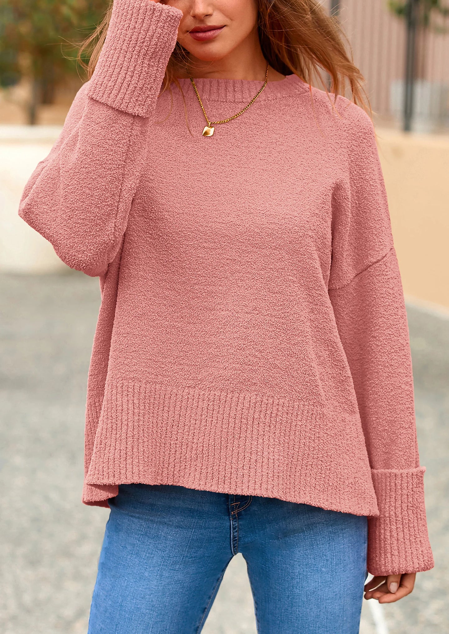 Women's Fall Oversized Sweaters Casual Crewneck Pullover Long Sleeve Fuzzy Chunky Knit Tops Blouse