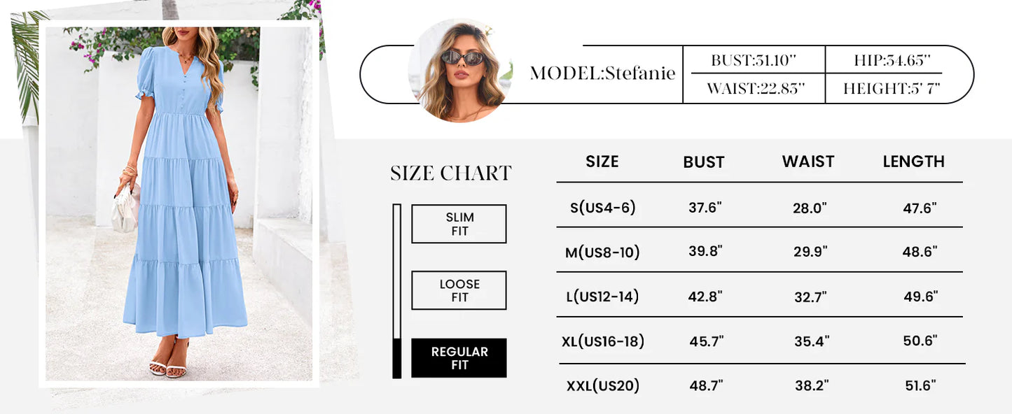 Women's Casual Short Sleeve V Neck Midi Dresses Spring A-line Tiered Wedding Guest Dress