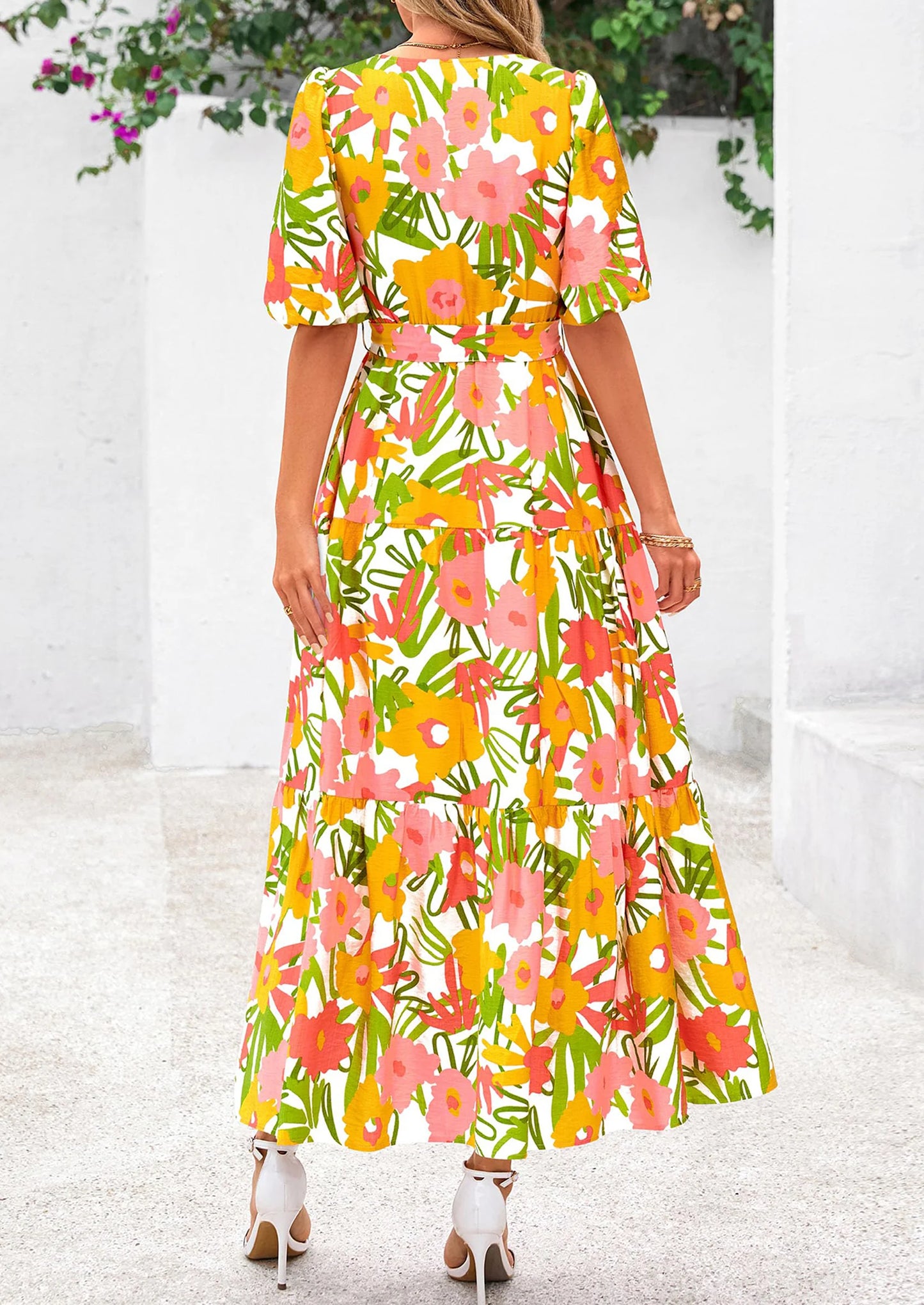 Women's Maxi Dress Resort Wear Boho Floral V Neck Puff Short Sleeve Ruffle Flowy Beach Long Dresses