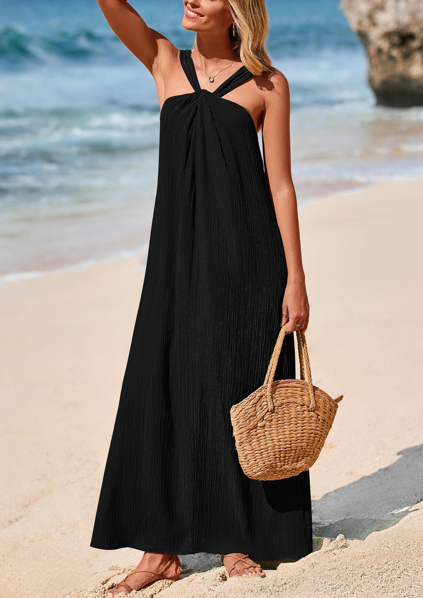 Womens Casual Long Summer Dresses Sleeveless Strappy Loose Flowy Beach Vacation Maxi Dress with Pockets