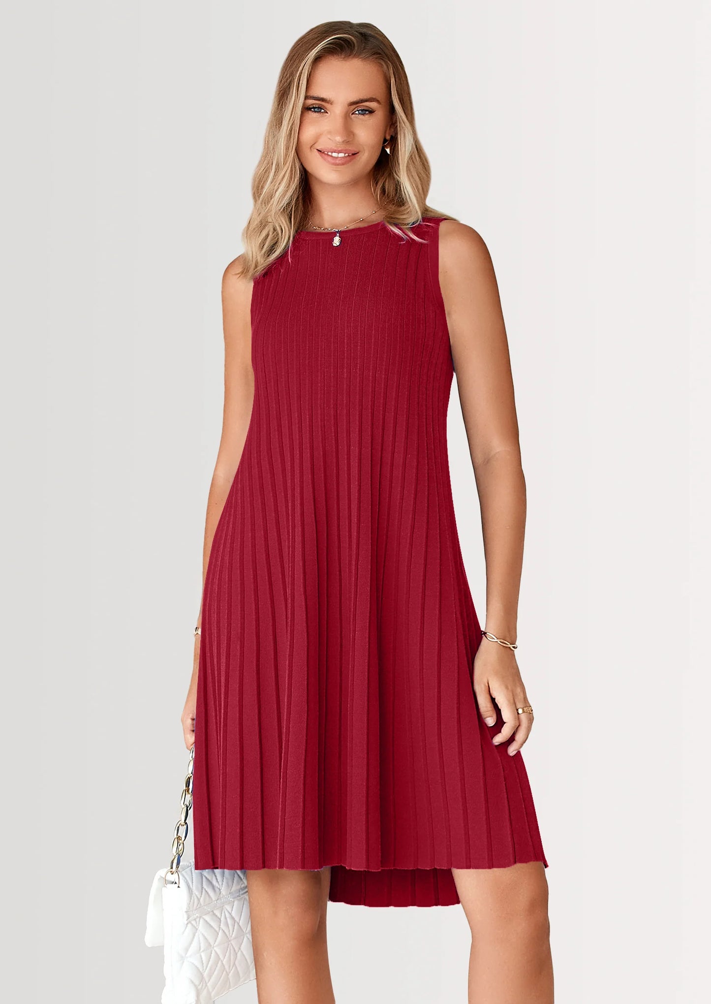 Womens Summer Sleeveless Mini Dress Crewneck Loose Tank A Line Pleated Swing Flowy Party Dresses