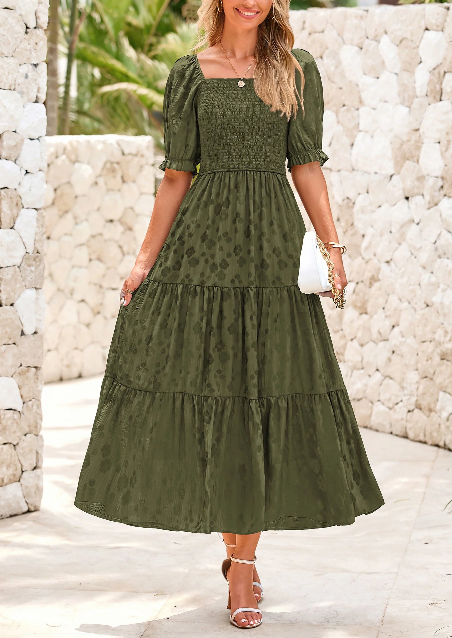 Women's Casual Midi Dresses Square Neck Short Sleeve Smocked A Line Floral Flowy Elegant Boho Dress