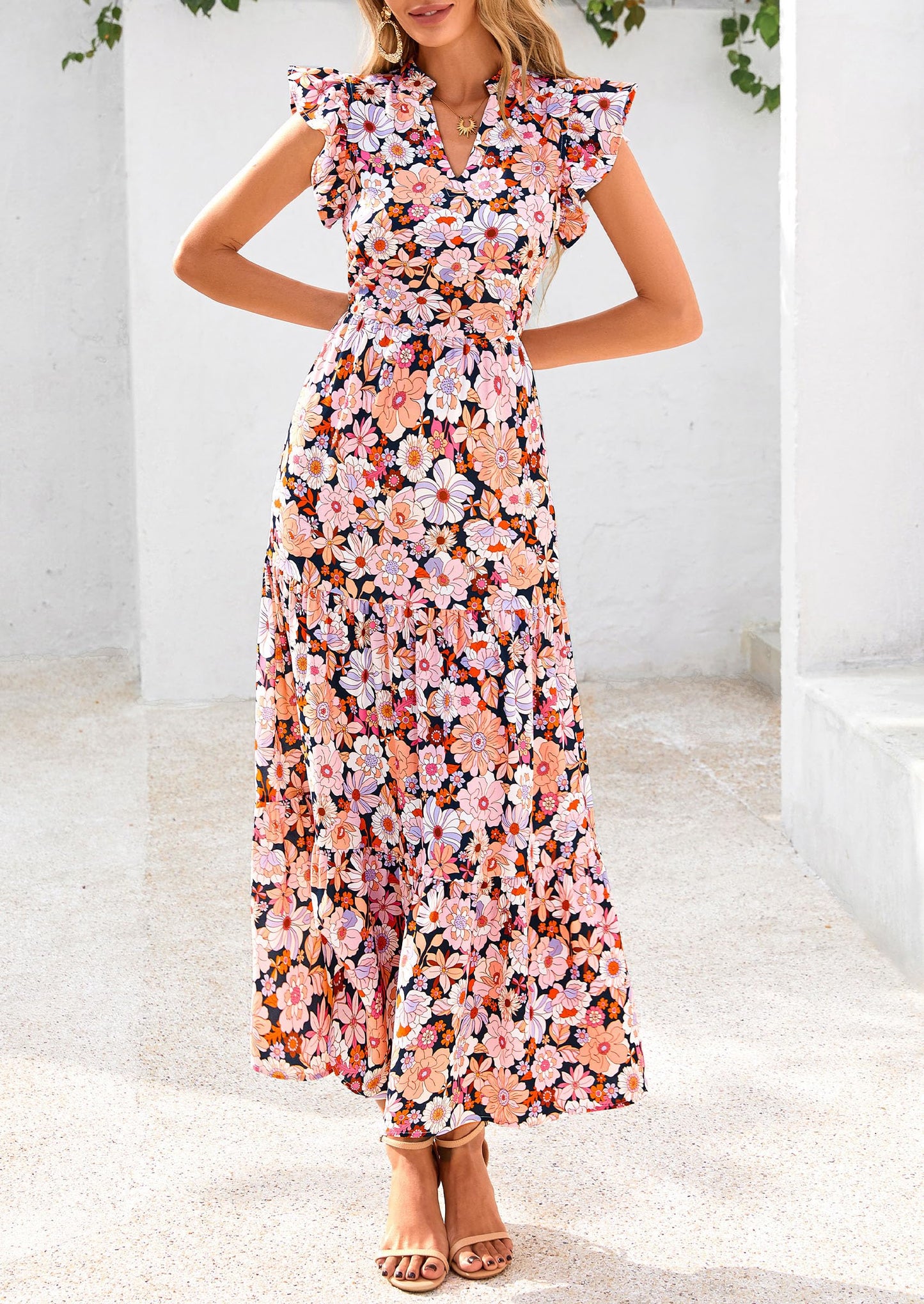 Women's Summer Floral Midi Dress Cap Sleeve V Neck Ruffle Long Flowy Boho Casual Beach Vacation Dresses