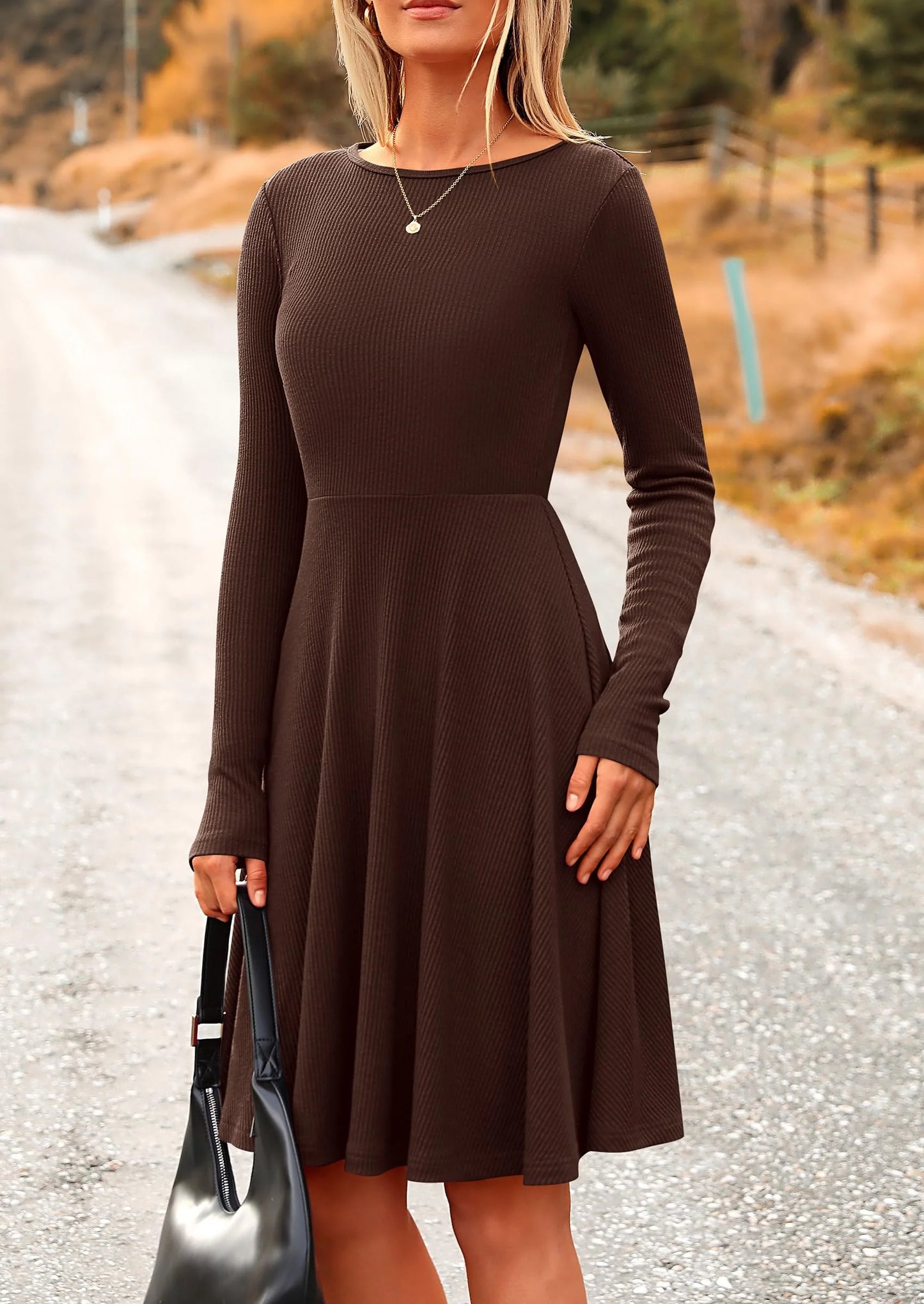 Women's Spring Fall Short Dress Ribbed Knit Crewneck Long Sleeve A Line Flowy Casual Elegant Going Out Dresses