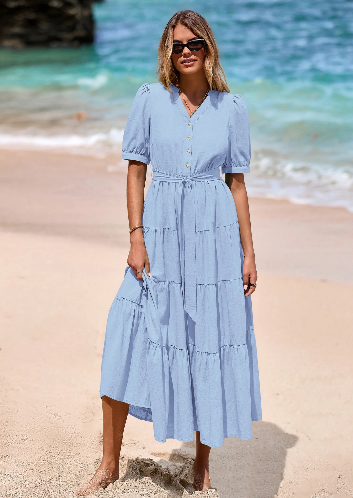 Women's Midi Dress Casual Short Sleeve V Neck Buttons Belted Ruffle A Line Flowy Dress with Pockets