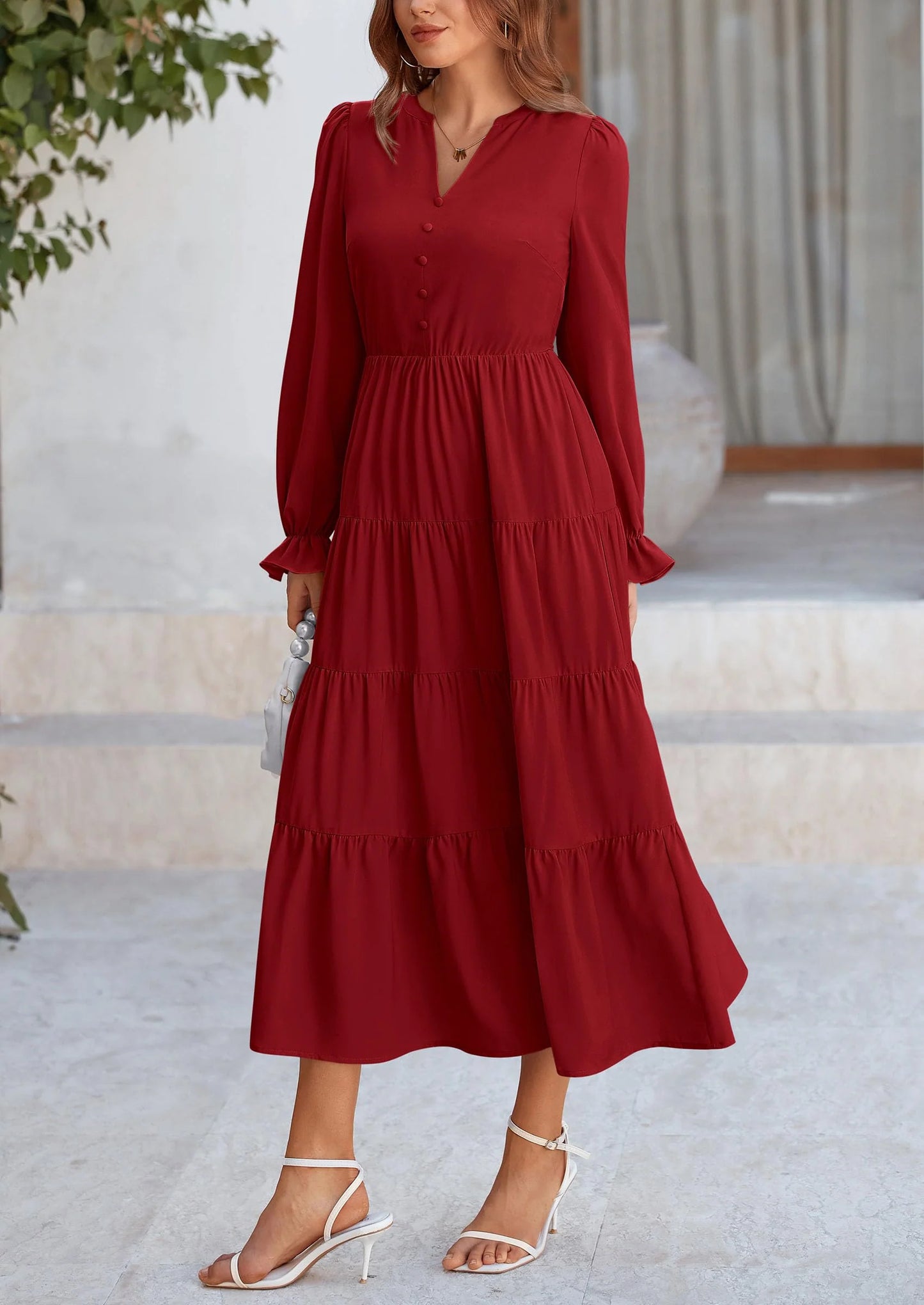 Women Fall Long Sleeve Smocked Maxi Dress Casual Square Neck Swiss Dot Tiered Ruffle Flowy Spring Pocket Dresses