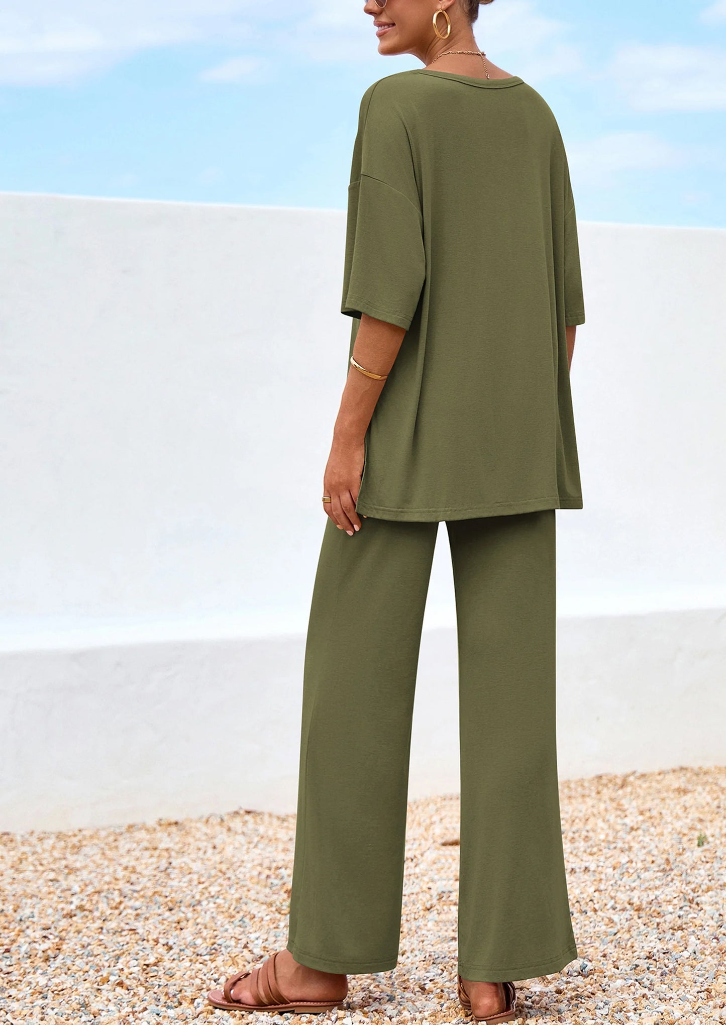 Women's 2 Piece Outfits Summer Casual V Neck Short Sleeve Tops Wide Leg Pants Matching Lounge Sets