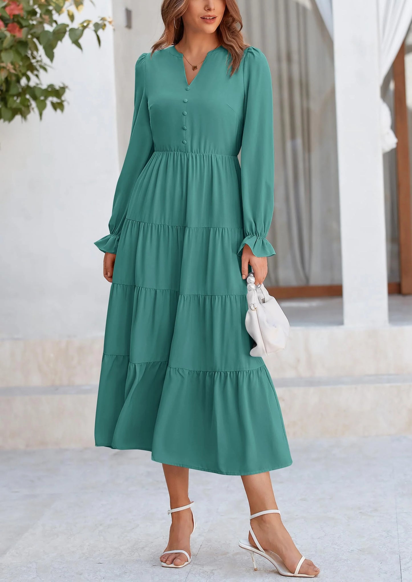 Women Fall Long Sleeve Smocked Maxi Dress Casual Square Neck Swiss Dot Tiered Ruffle Flowy Spring Pocket Dresses