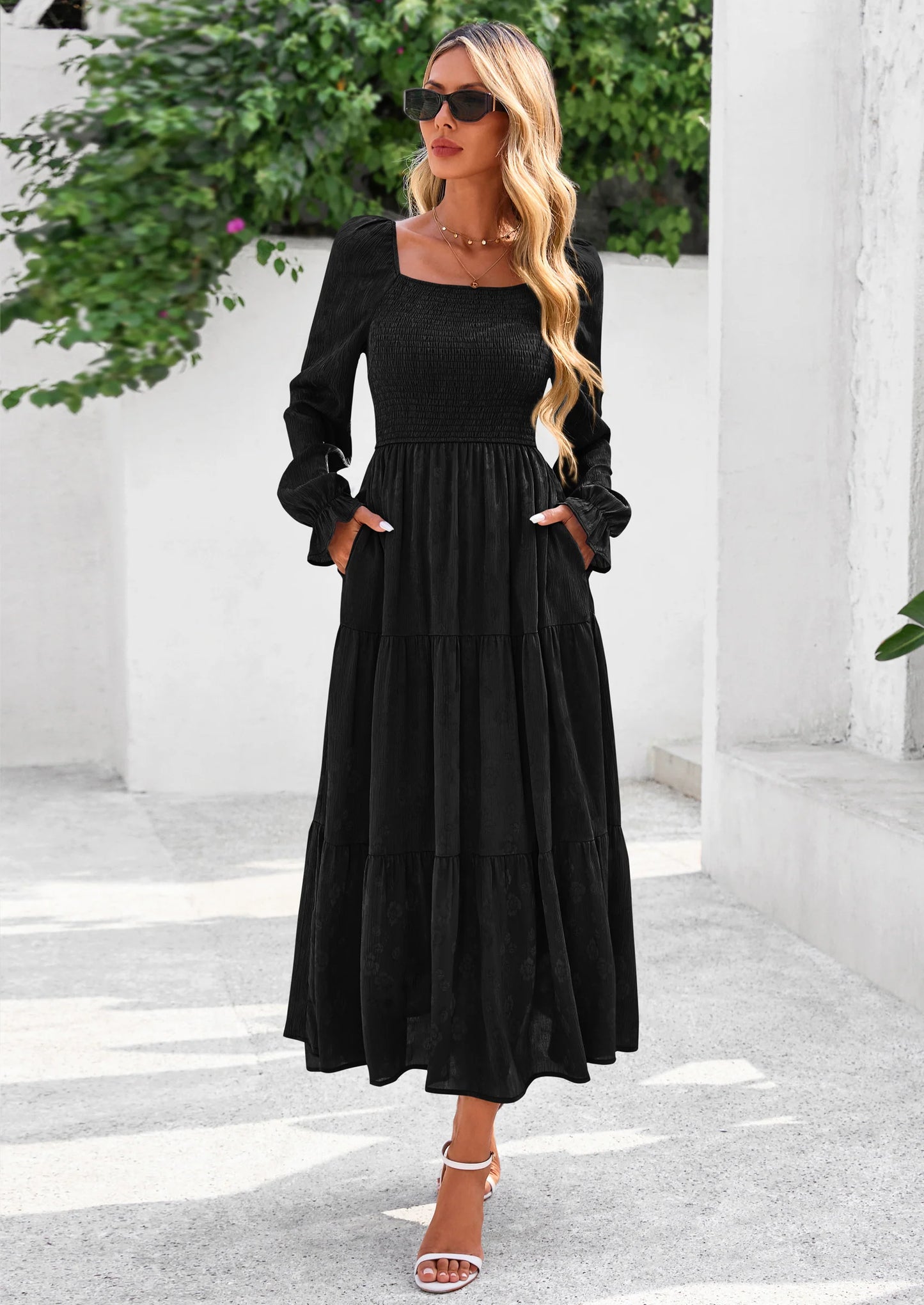Fall Wedding Guest Dresses for Women Floral Long Sleeve Smocked Tiered Elegant Long Flowy Boho Dress