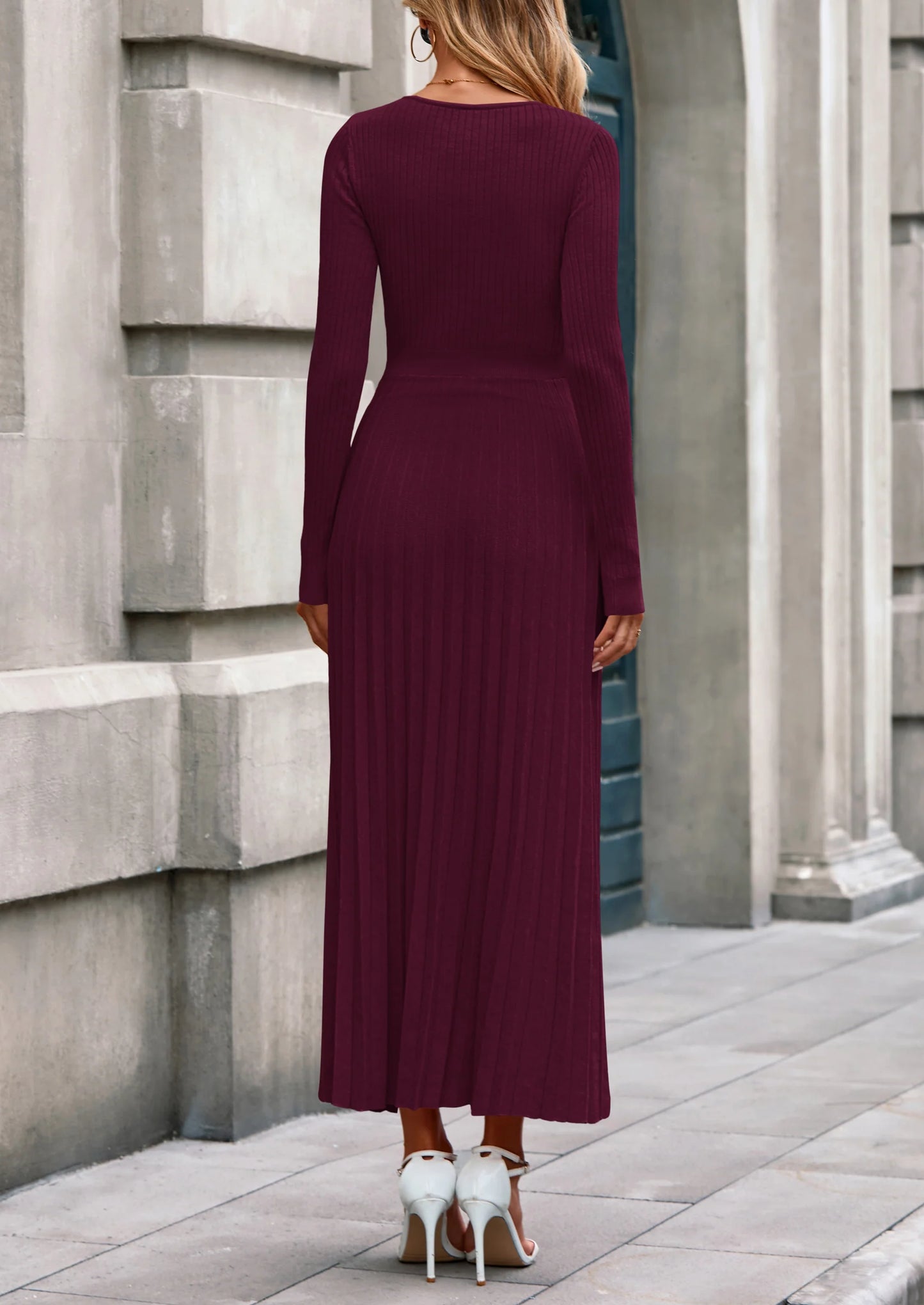 Women Sweater Dress Fall Fashion Long Sleeve V Neck Ribbed Knit Pleated A Line Elegant Maxi Winter Dresses