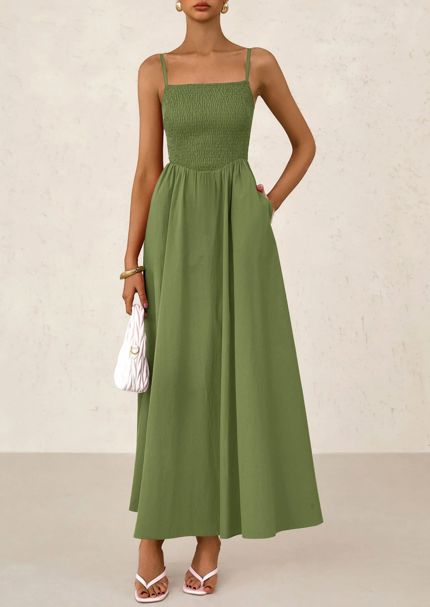 Women's Smocked Maxi Dresses Beach Sundress Casual Spaghetti Strap Swing A Line Long Flowy Dress
