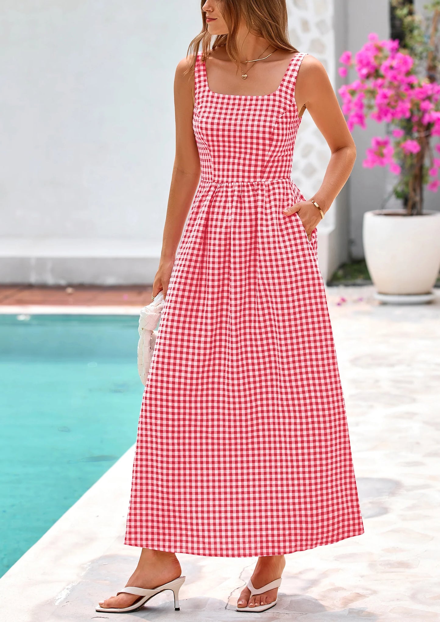 Women's Summer Spaghetti Strap Maxi Dresses Plaid Square Neck A Line Casual Beach Vacation Long Sundress